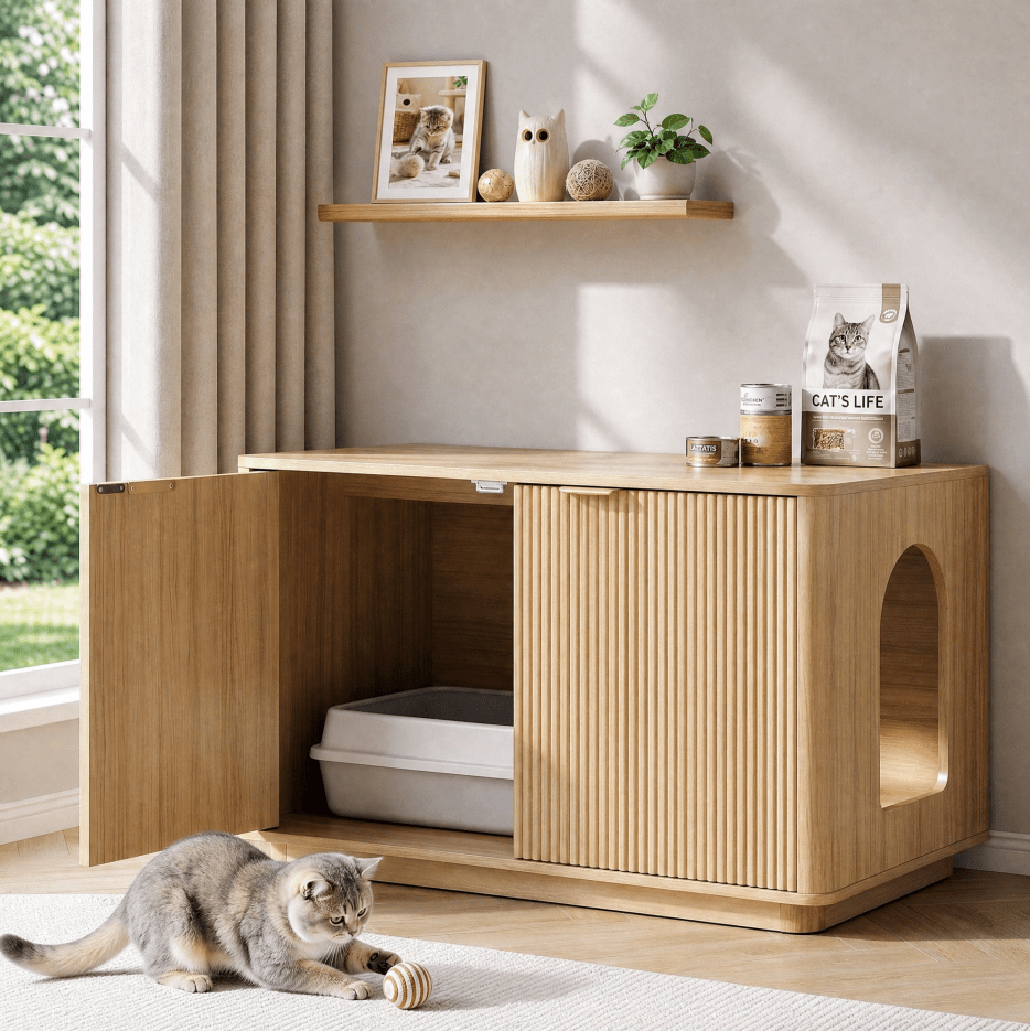 Naipo 31.5" Cat Litter Box Enclosure, Modern Fluted Litter Box Furniture with Hiden Side Entry,for Cats and Home Comforts,Natural - NAIPO
