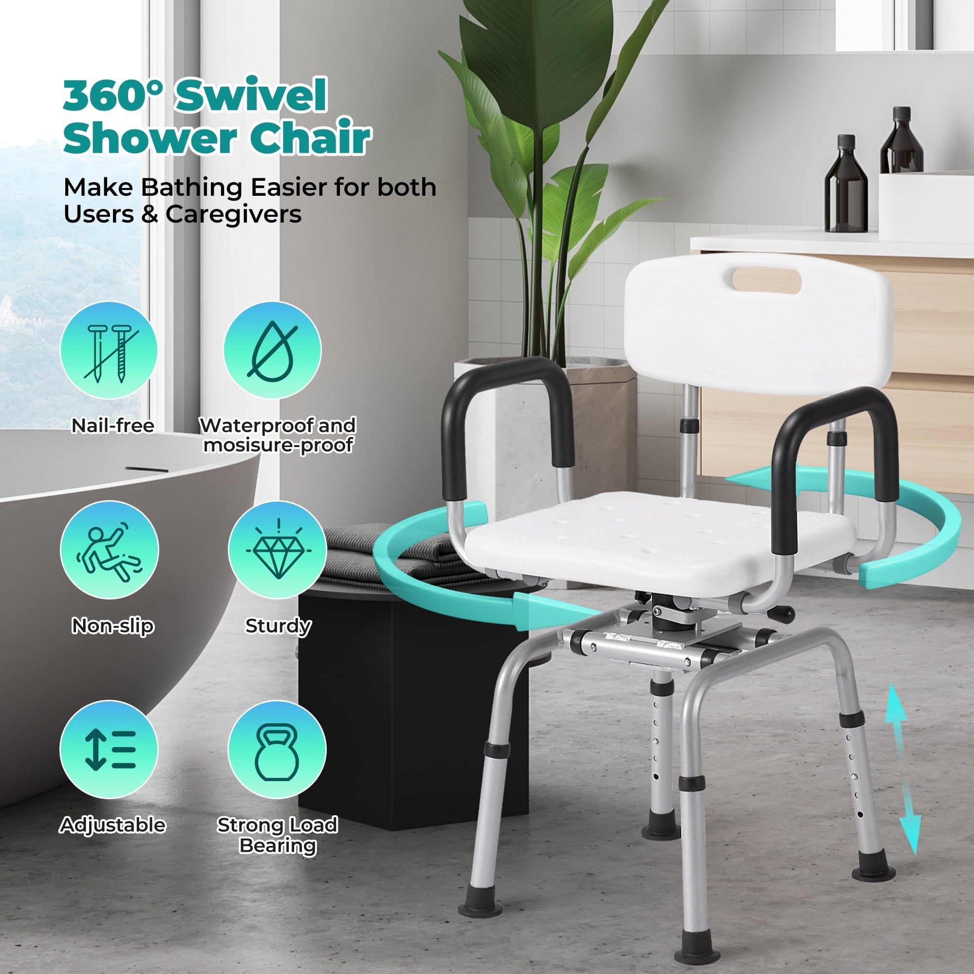 Naipo 360 Degree Swivel Shower Chair, Adjustable Height Rotating Seat Bathtub Chair with Armrests and Back, for Elderly and Disabled - NAIPO