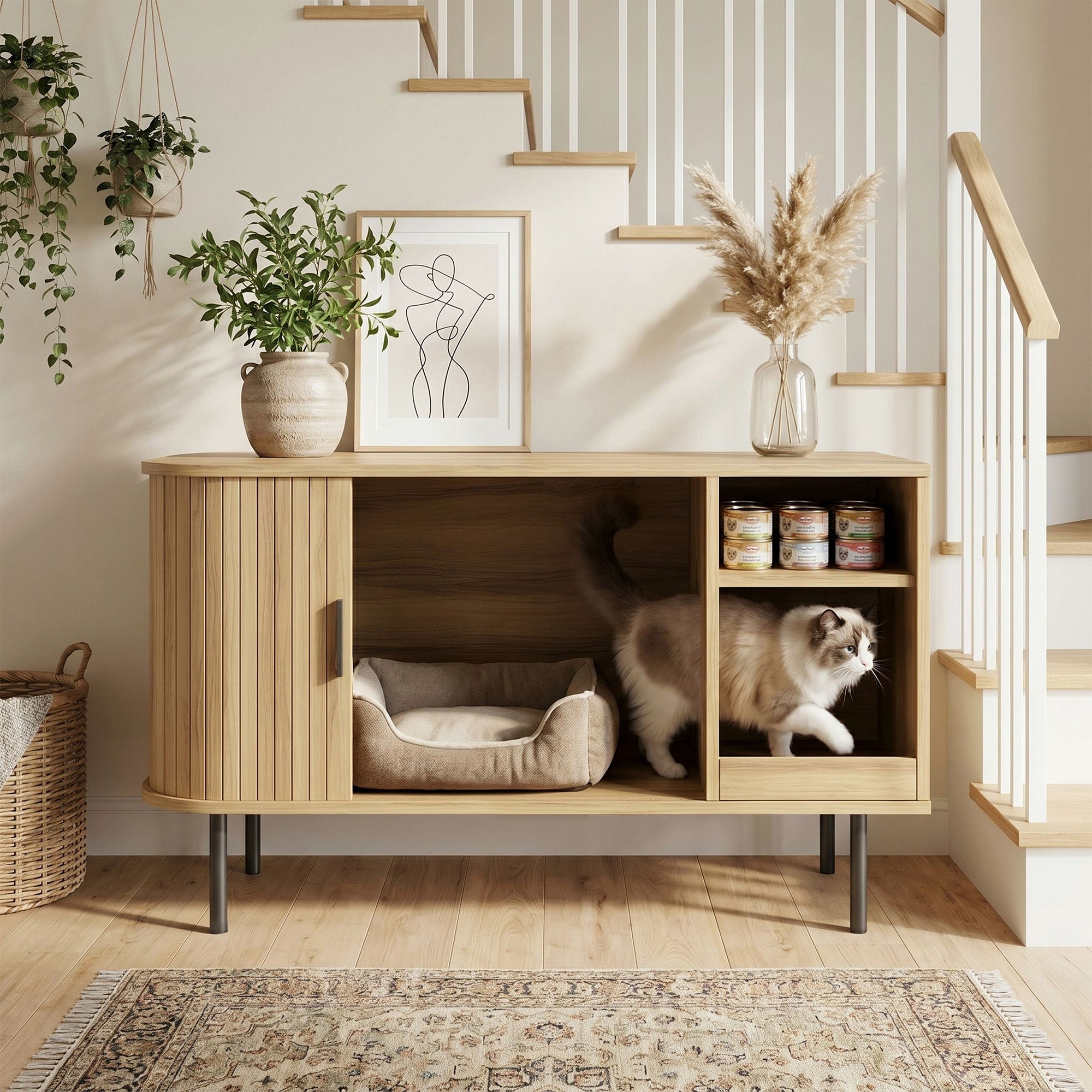 Naipo 37.4" Cat Litter Box Enclosure Furniture,Tambor Sliding Door Hidden Litter box Cabinet with Urine - Proof&Litter Mat,Natrual - NAIPO