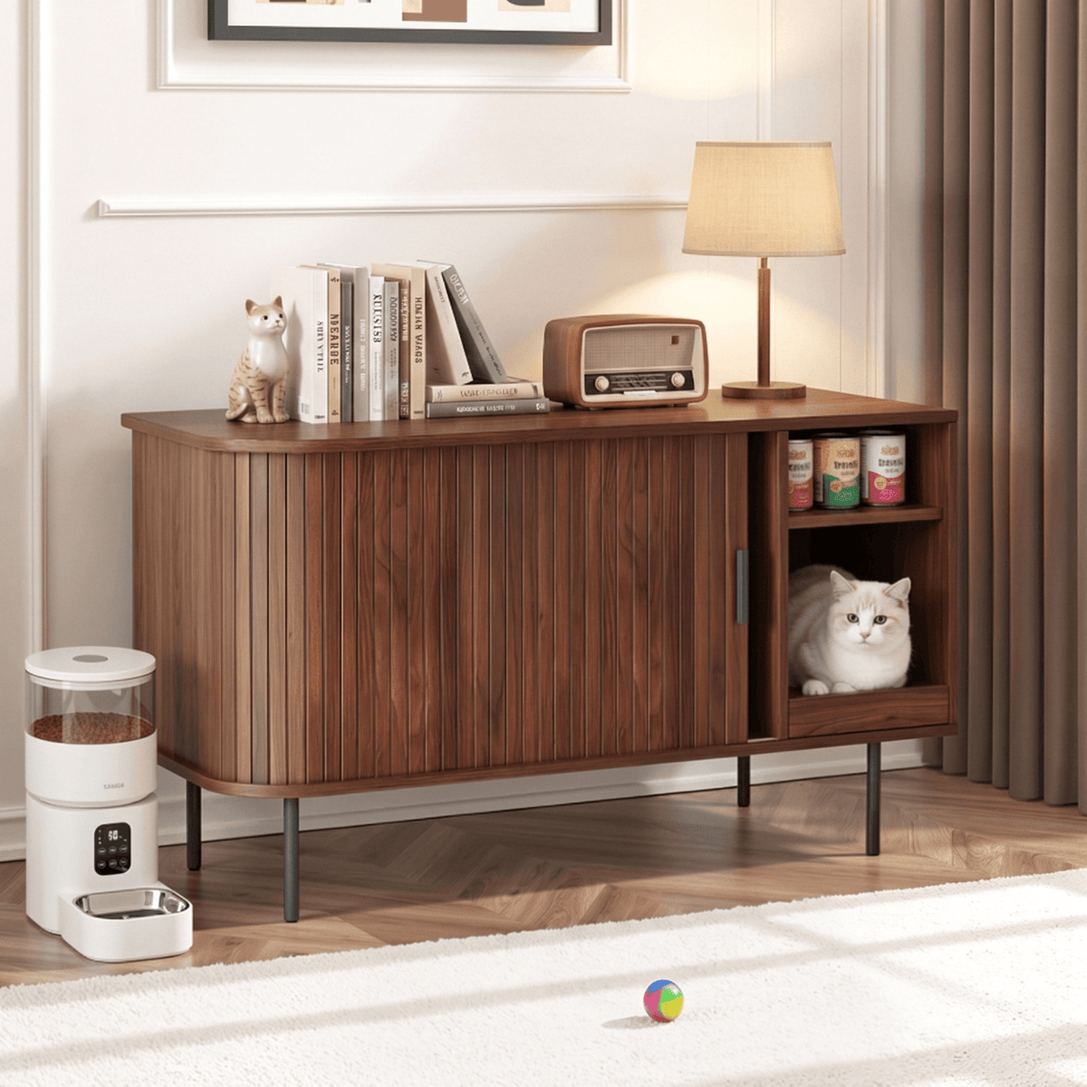Naipo 37.4" Cat Litter Box Enclosure with Tambour Door,Litter Box Cabinet Furniture with Storage Shelf,Mat & Waterproof Liner,Mid-Century Brown - NAIPO