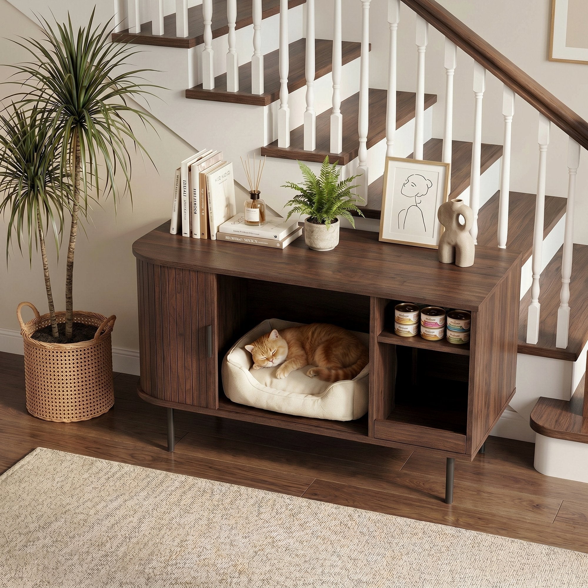 Naipo 37.4 - inch Cat Litter Box Enclosure with Litter Mat&Sliding door,3 - in - 1 Cat House/Toilet/Side Table with Storage Compartment,Walnut Brown - NAIPO