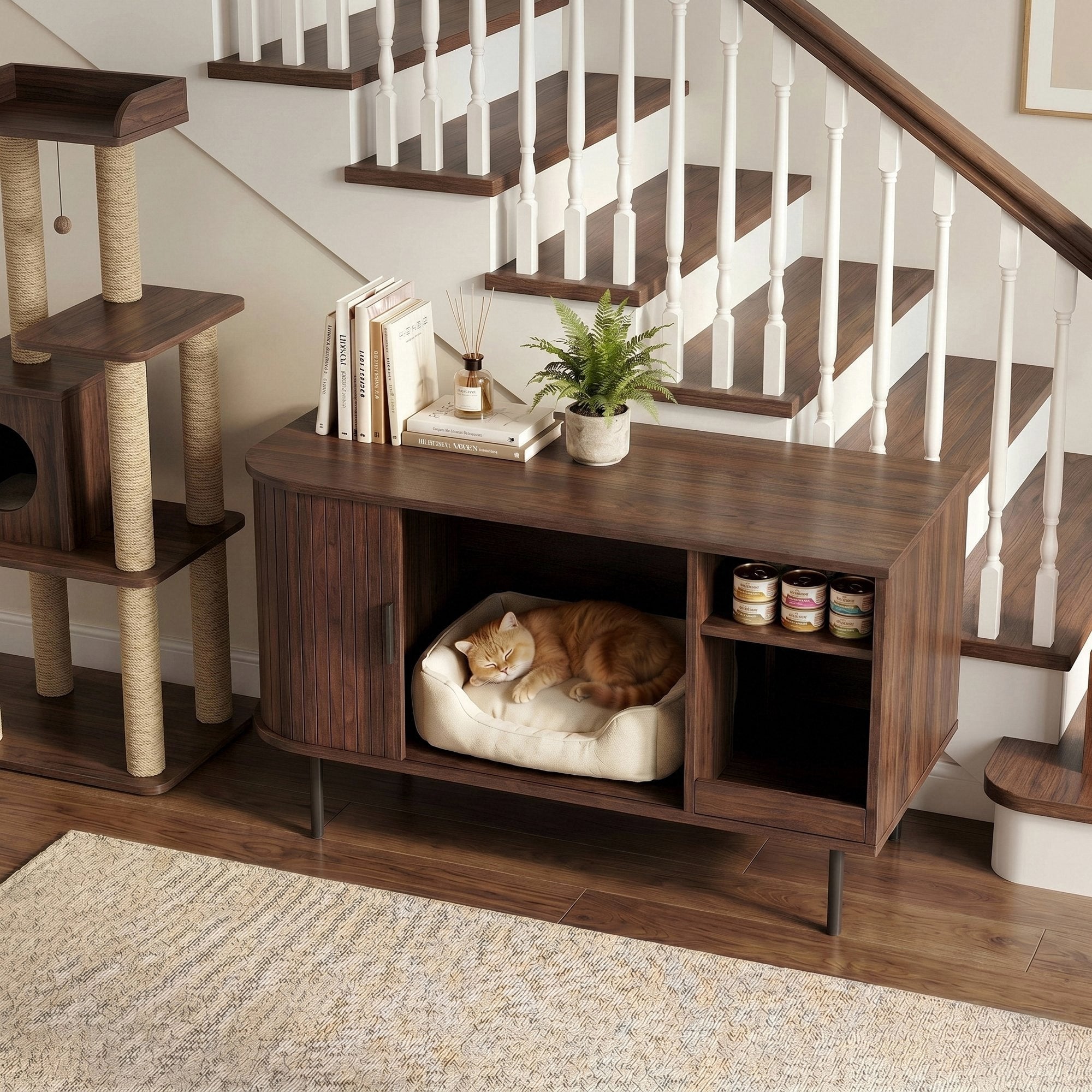 Naipo 37.4-inch Cat Litter Box Enclosure with Litter Mat&Sliding door,3-in-1 Cat House/Toilet/Side Table with Storage Compartment,Walnut Brown - NAIPO