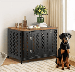 Naipo 38" Heavy Duty Dog Crate Furniture, Chew Proof Prevent Escape Metal Kennel for High Anxiety Dogs, Wooden Side Table,Decorative Coffee Table, Indoor Cage with Cushion, Rustic Brown - NAIPO