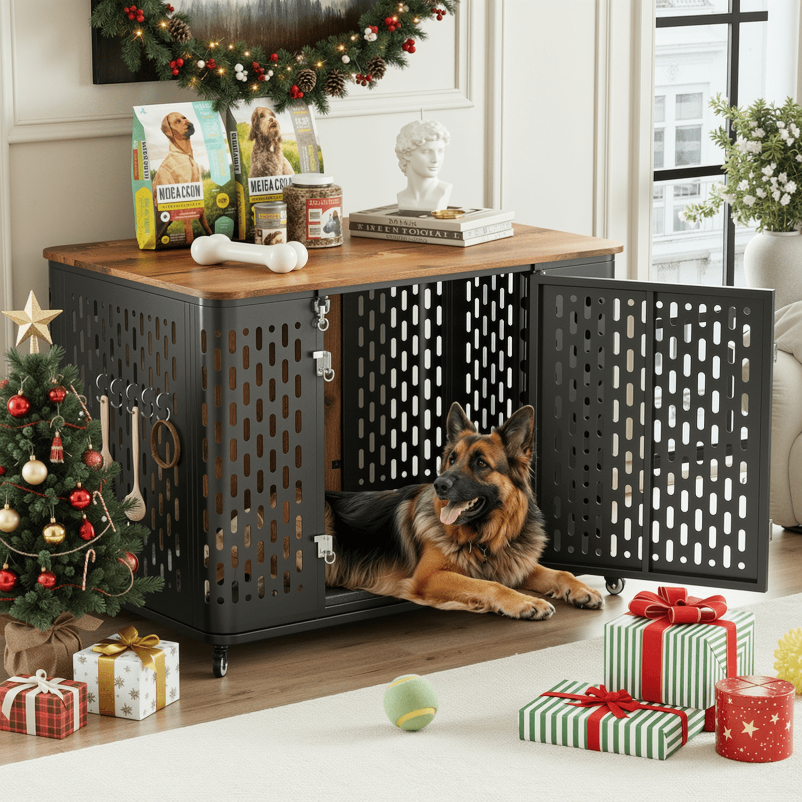 Naipo 38" Heavy Duty Dog Crate Furniture, Chew Proof Prevent Escape Metal Kennel for High Anxiety Dogs, Wooden Side Table,Decorative Coffee Table, Indoor Cage with Cushion, Rustic Brown - NAIPO