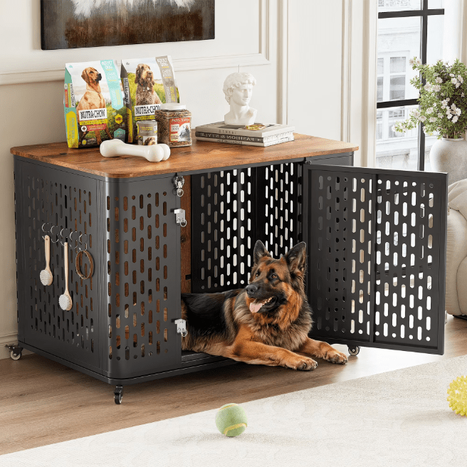 Naipo 38" Heavy Duty Dog Crate Furniture, Chew Proof Prevent Escape Metal Kennel for High Anxiety Dogs, Wooden Side Table,Decorative Coffee Table, Indoor Cage with Cushion, Rustic Brown - NAIPO