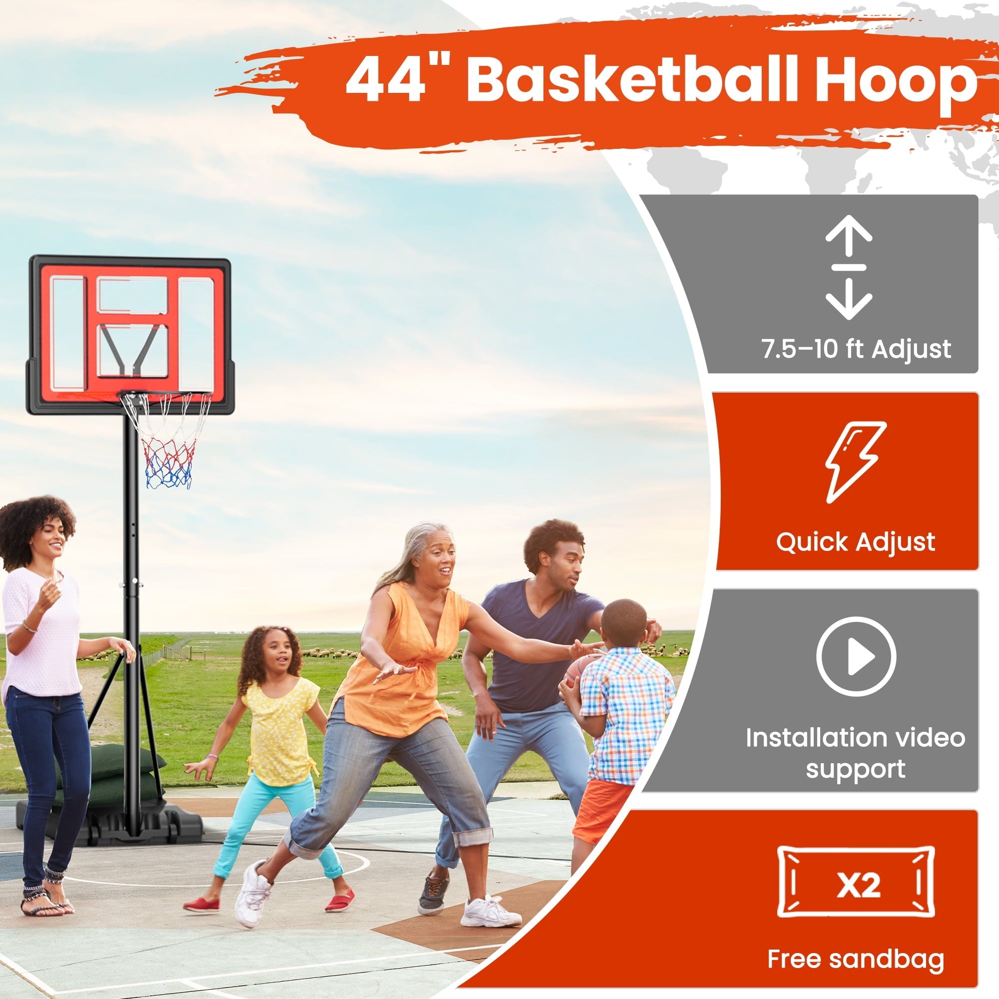 Naipo 44in Basketball Hoop with 7.5ft - 10ft One Touch Height Adjustment 2 Free Sandbags Vibrant Orange for All Age Range - NAIPO