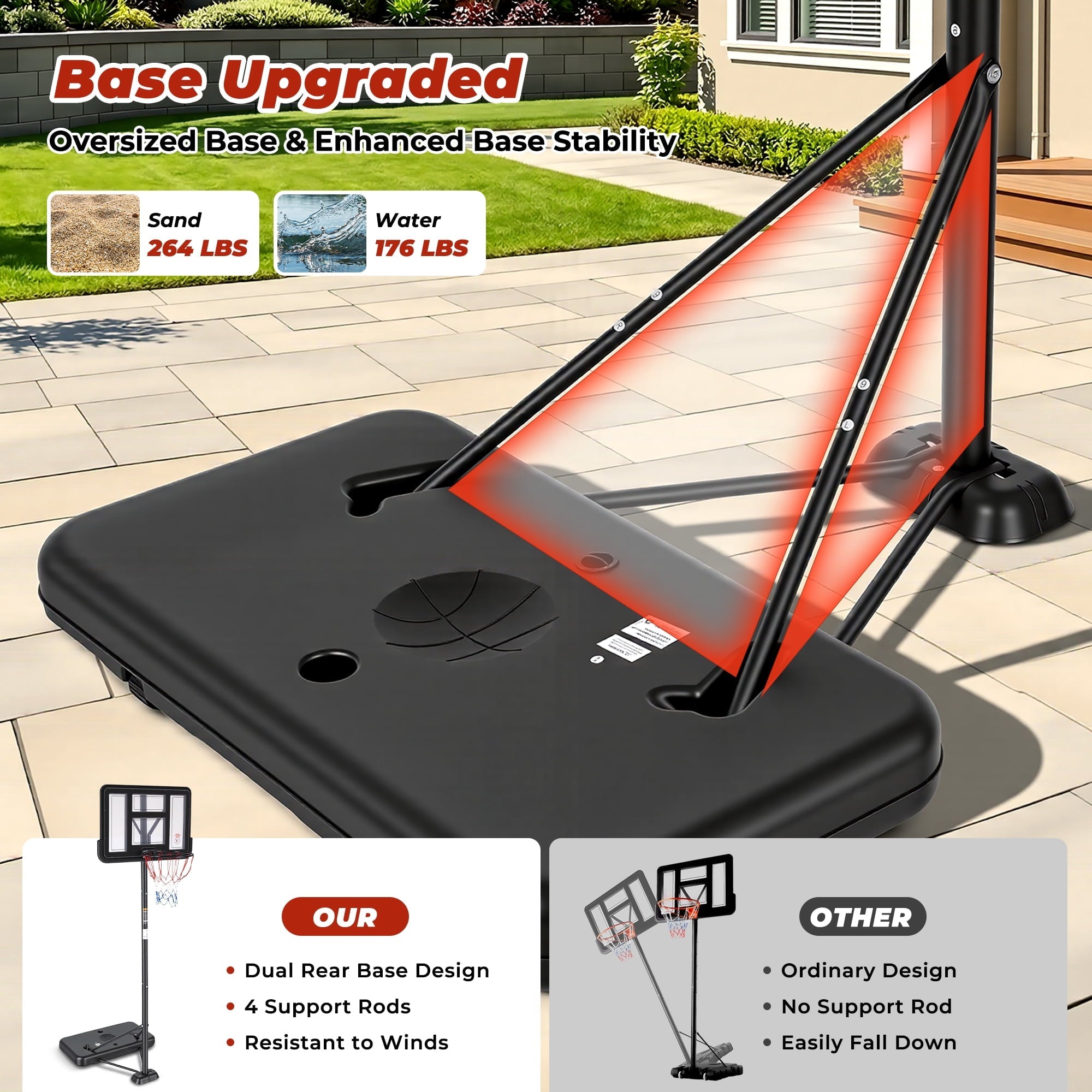 Naipo 44”Portable Basketball Hoop with Upgraded Dual Rear Base 3.5 to 10 FT Adjustable Basketball Stand 270° Safe Play Zone for Everyone in Family - NAIPO