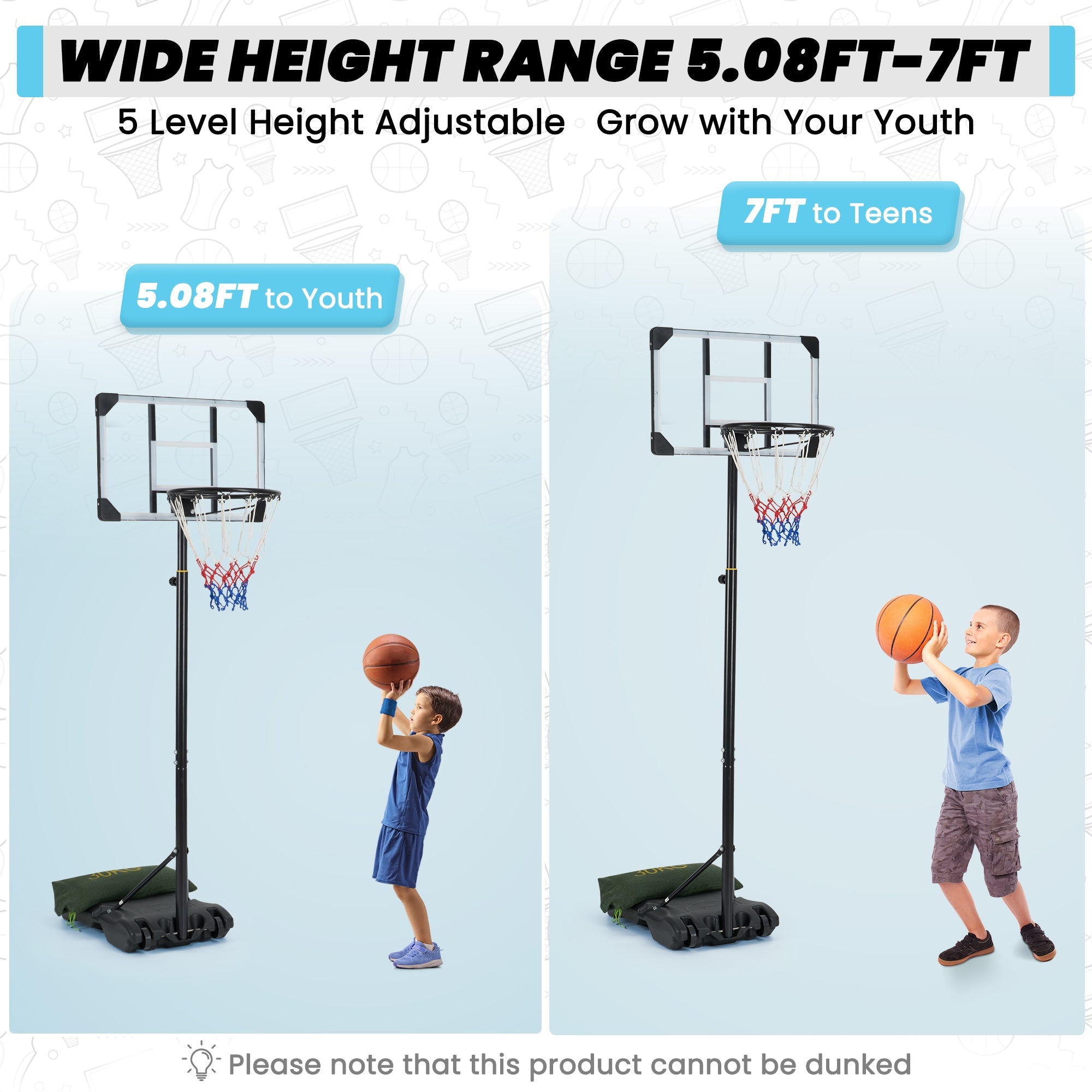 Naipo 5 - 7 FT Adjustable Basketball Hoop System 28" Backboard Portable Basketball Goal with Wheels Basketball Stand Ideal for Youth Family Fun Backyard&Outdoor&Indoor - NAIPO