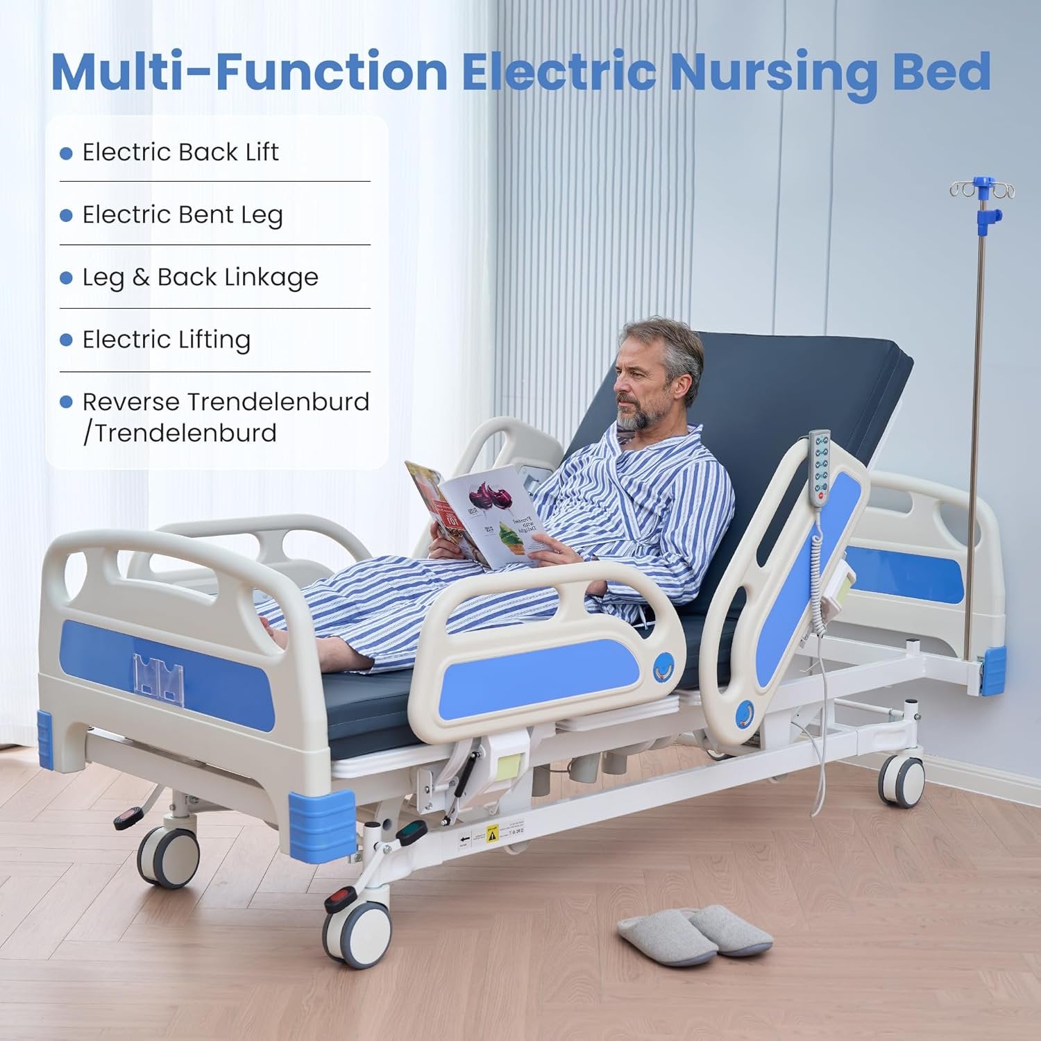 Naipo 5 Function Full Electric Hospital Bed, ICU Electric Medical Bed, 5 - Inch Locking Casters, IV Pole for Home Hospital Use - NAIPO