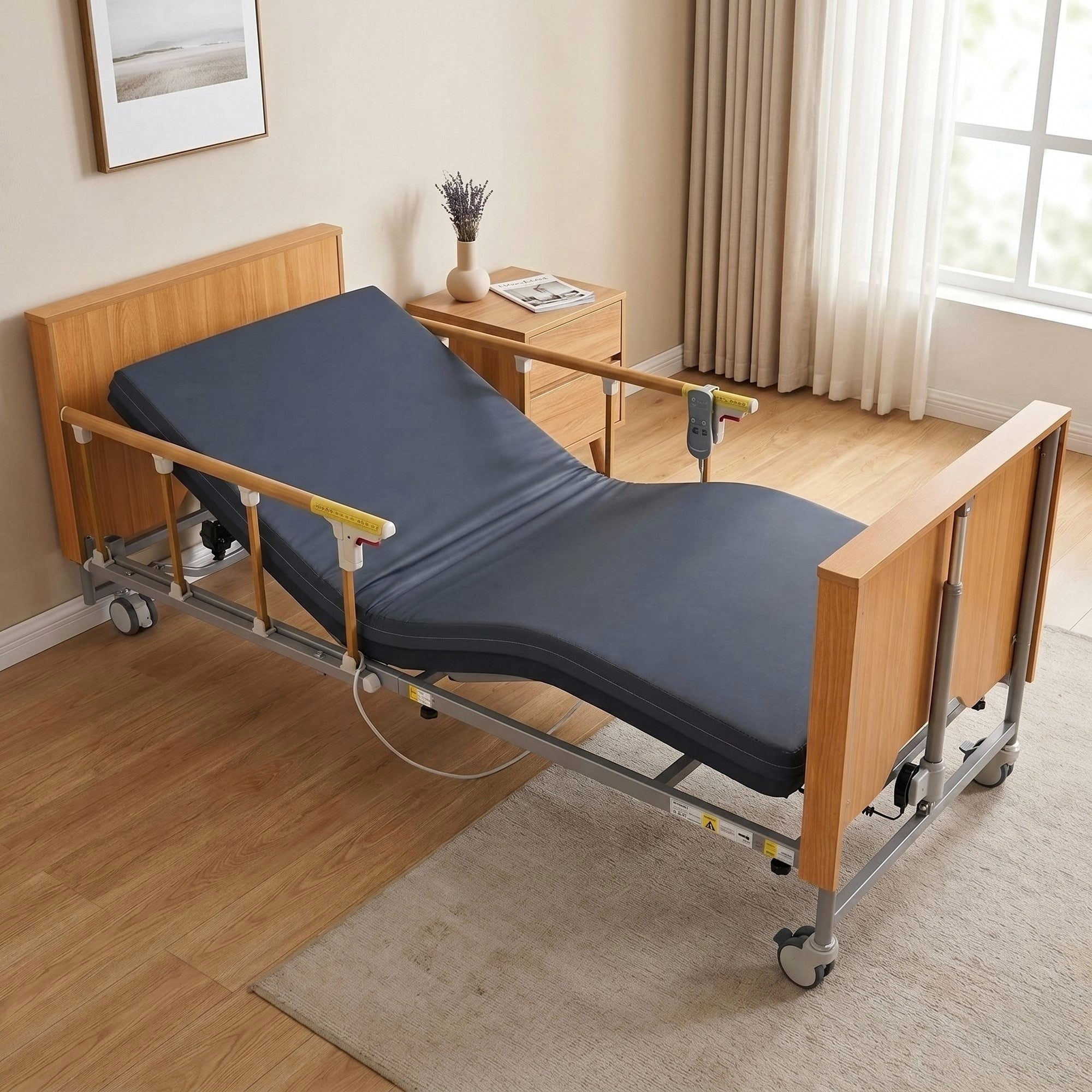 NAIPO 5 Functions Full Electric Hospital Bed for Home Use, Electric Medical Bed with Movable Bedside Table & Mattress for Seniors, 9.4"-28.5"Height, 530 lbs Capacity - NAIPO