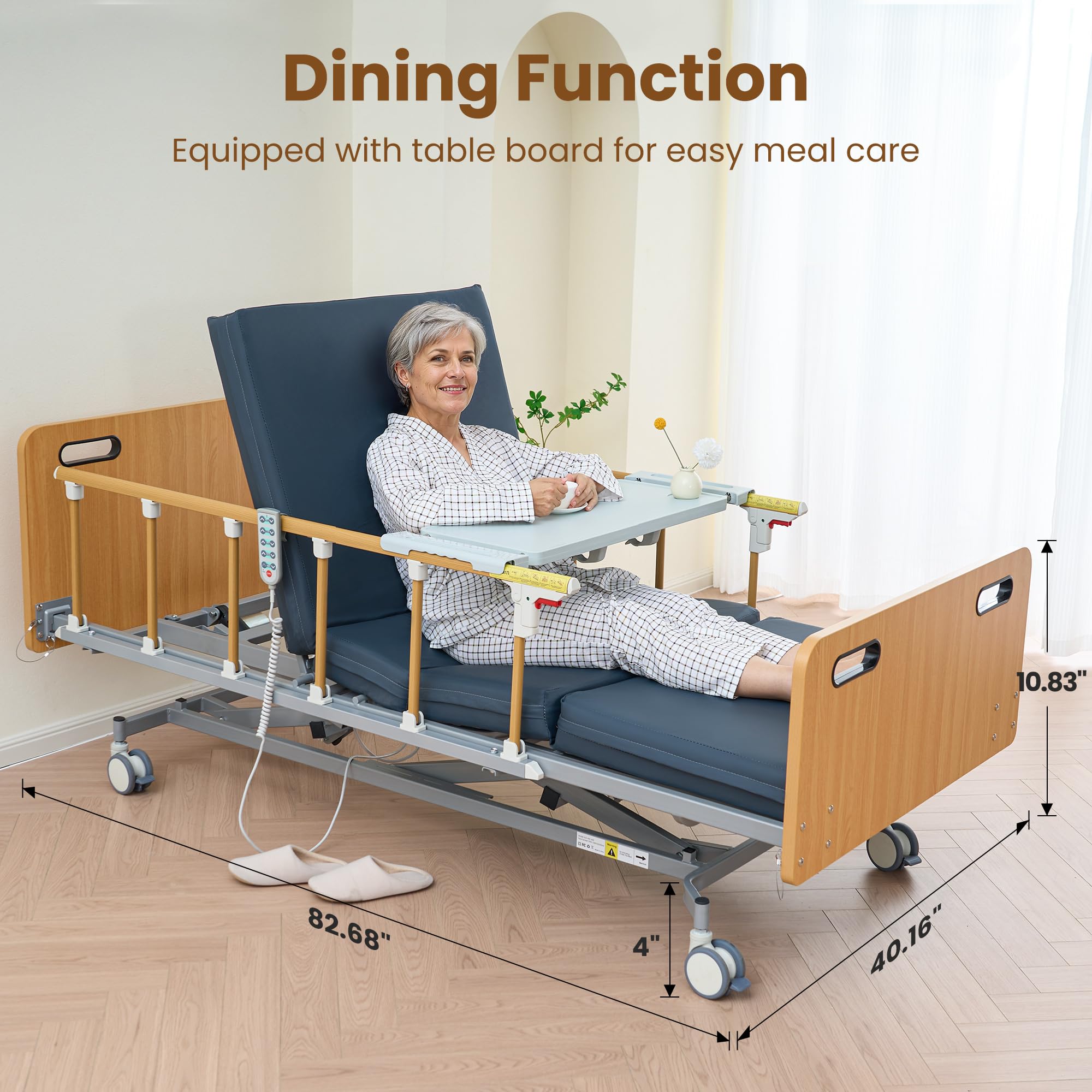 NAIPO 5 Functions Full Electric Hospital Bed for Home Use, Electric Medical Bed with Movable Bedside Table & Mattress for Seniors, 9.4" - 28.5"Height, 530 lbs Capacity - NAIPO