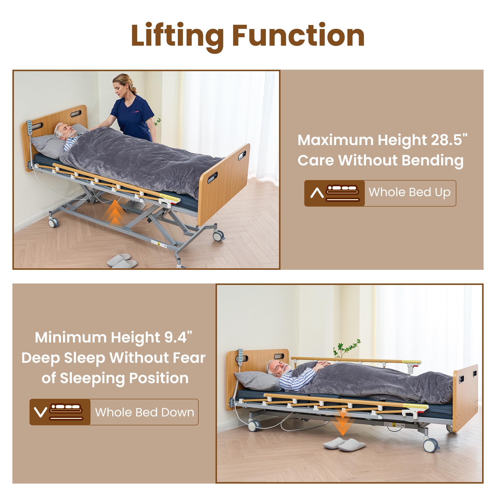 NAIPO 5 Functions Full Electric Hospital Bed for Home Use, Electric Medical Bed with Movable Bedside Table & Mattress for Seniors, 9.4" - 28.5"Height, 530 lbs Capacity - NAIPO