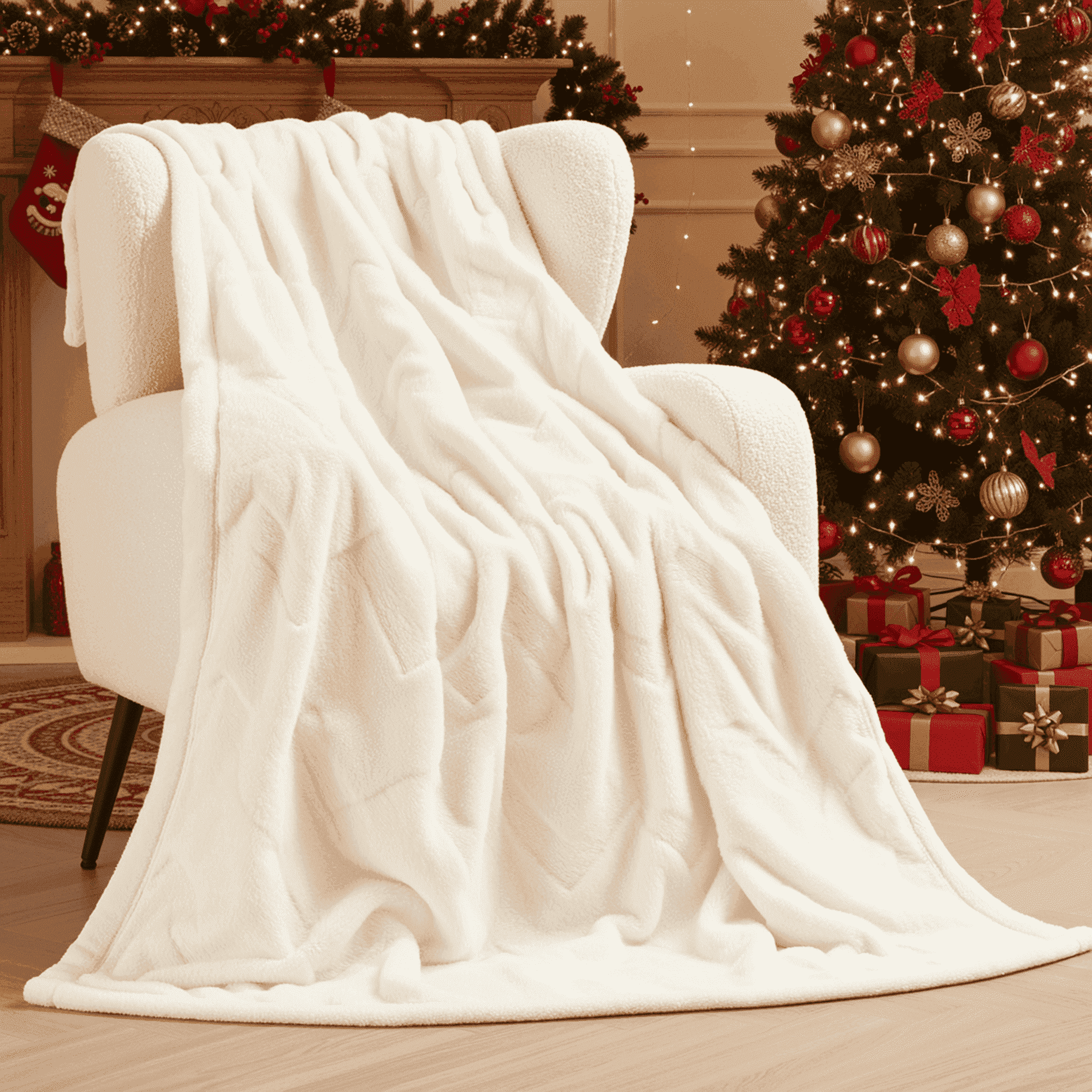 Naipo 50 in x 70 in Faux Rabbit Fur Blanket White Arctic Velvet Throw Blanket Perfect for All Seasons and Ages - NAIPO