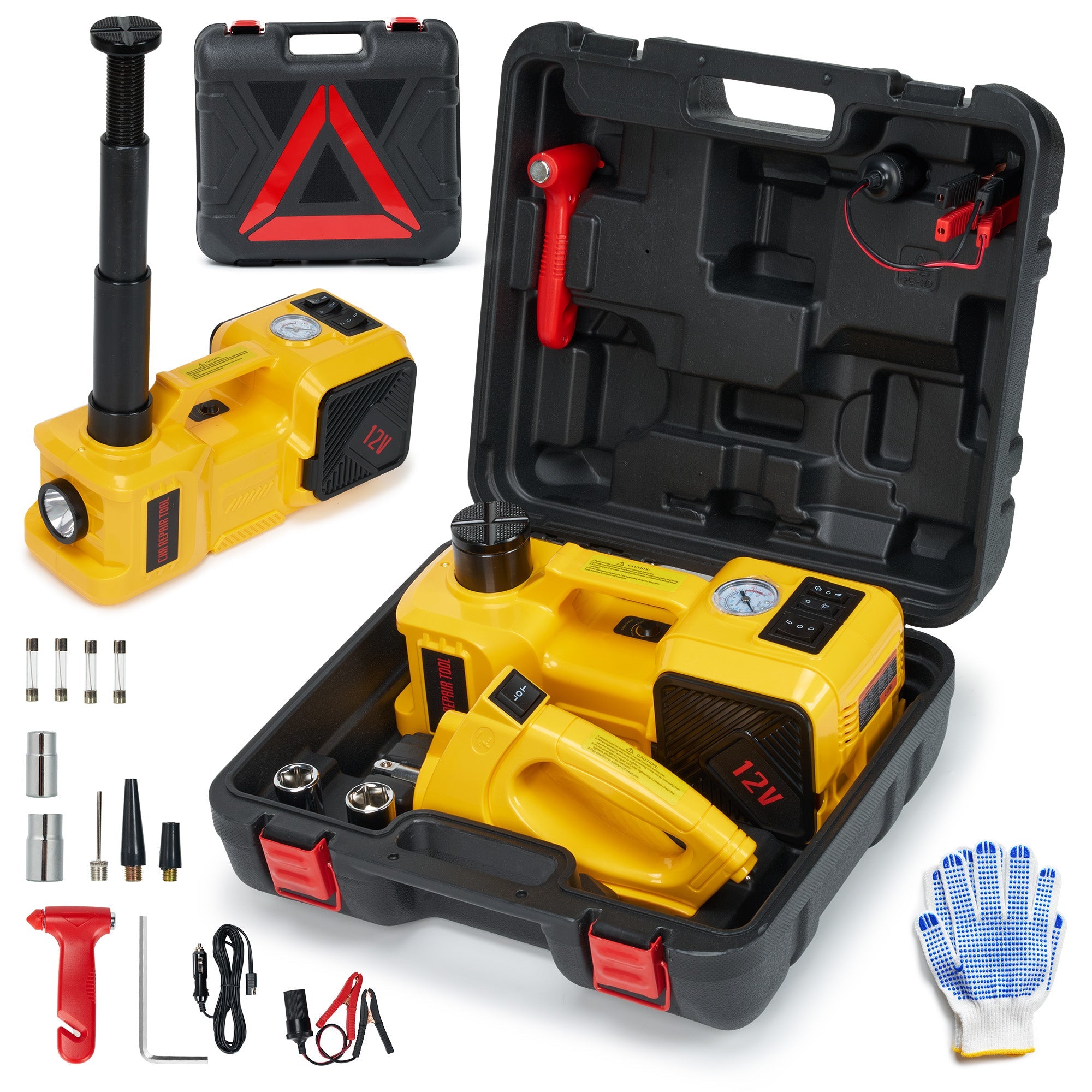 Naipo 5Ton Electric Car Jack 12V Electric Hydraulic Jack with Impact Wrench&LED Light in a Multifunctional Tool box for SUV/Truck Yellow - NAIPO