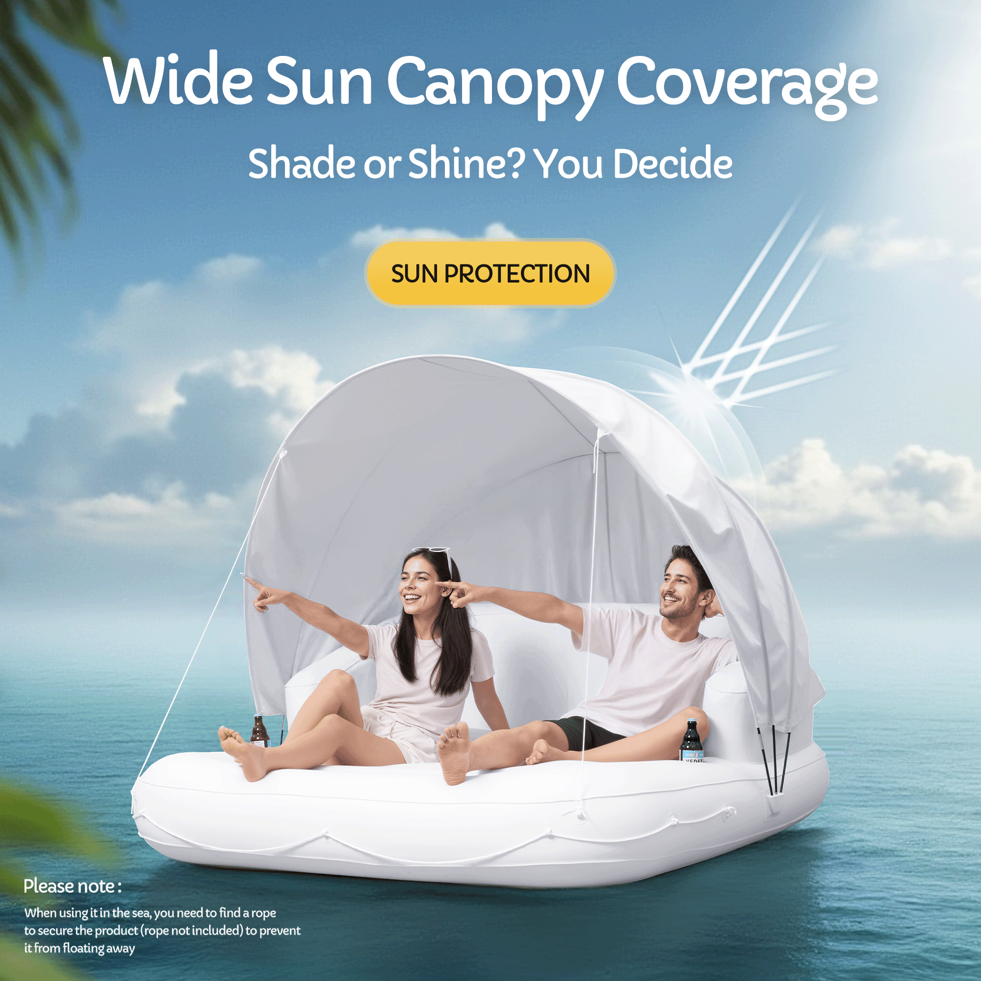 Naipo 70in Inflatable Pool Float with Removable Canopy 2 Person Tanning Pool Lounger Float 2 Cup Holders, Portable Pool Float for Adults Pool, Lake & Beach - NAIPO