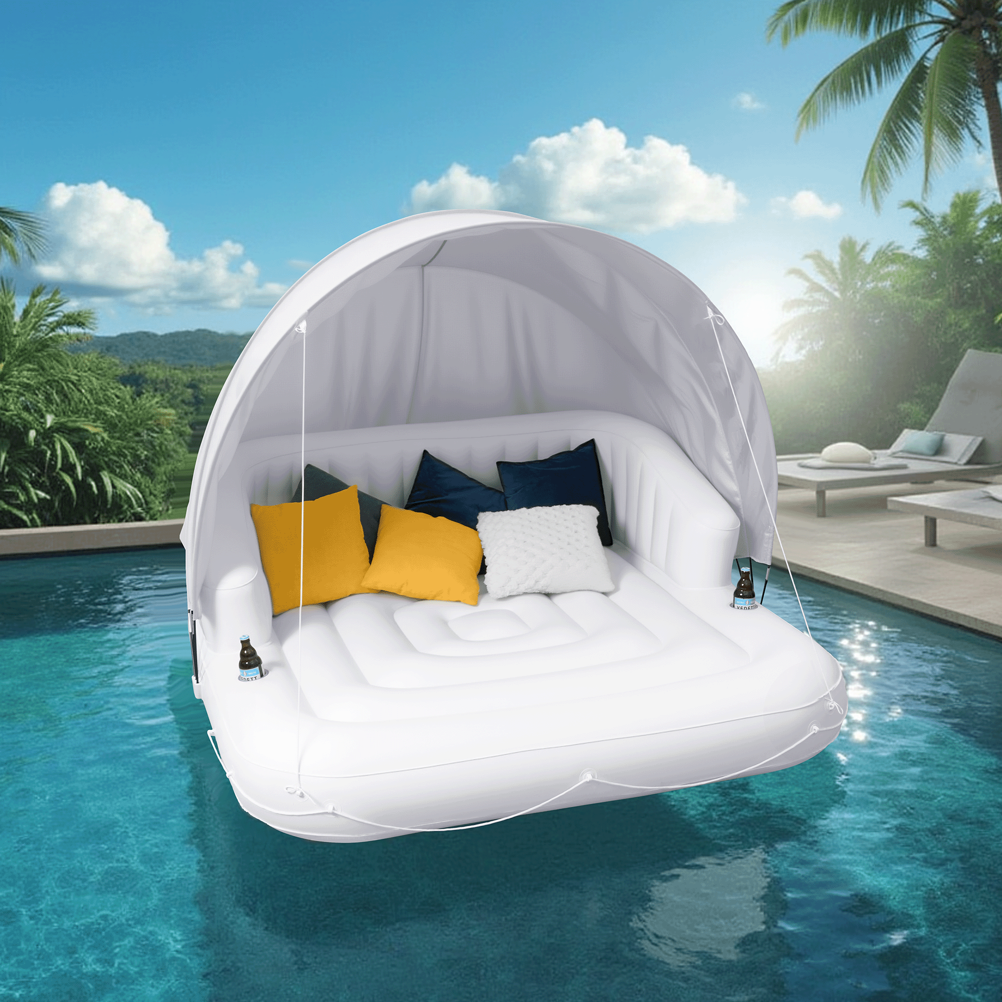 Naipo 70in Inflatable Pool Float with Removable Canopy 2 Person Tanning Pool Lounger Float 2 Cup Holders, Portable Pool Float for Adults Pool, Lake & Beach - NAIPO
