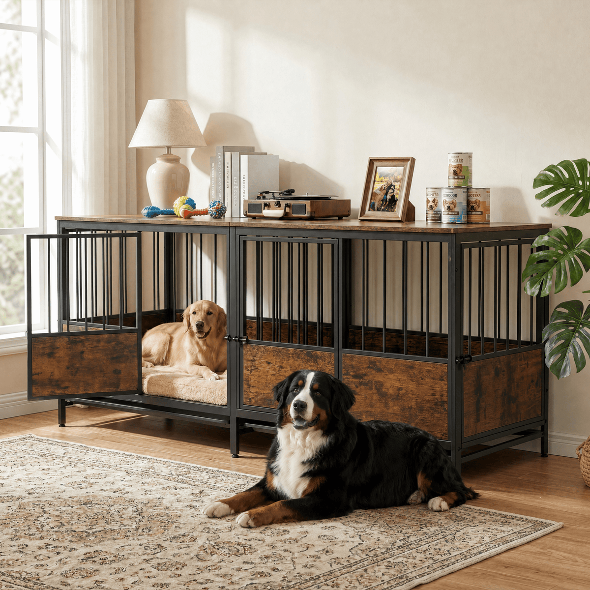 Naipo 77.36 inch Double Dog Crate Furniture,Indoor Heavy Duty Dog Kennel with 2 Removable Tray for 2 Large Dogs, Brown - NAIPO