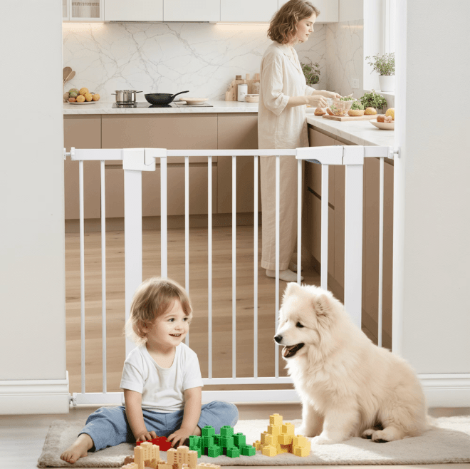 Naipo Baby Safety Gate,29.93~40.55 inch Wide Walk Through Baby Gate Hardware/Pressure Mounting Kit,with 2 Extensions for Age 6 to 24 Months,White - NAIPO