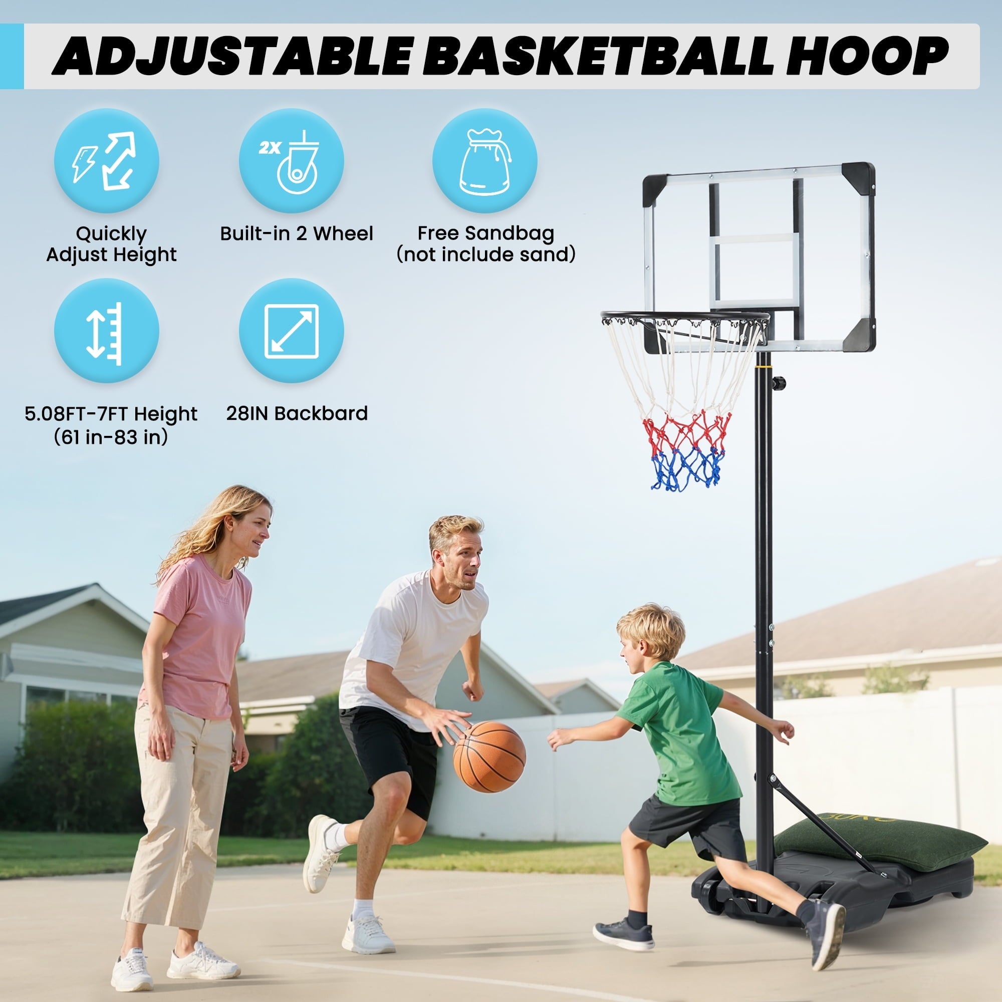 Naipo Basketball Hoop Basketball Goal System Height Adjustable 5.1ft - 7ft Court for Teen & Adult Indoor Outdoor Use - NAIPO