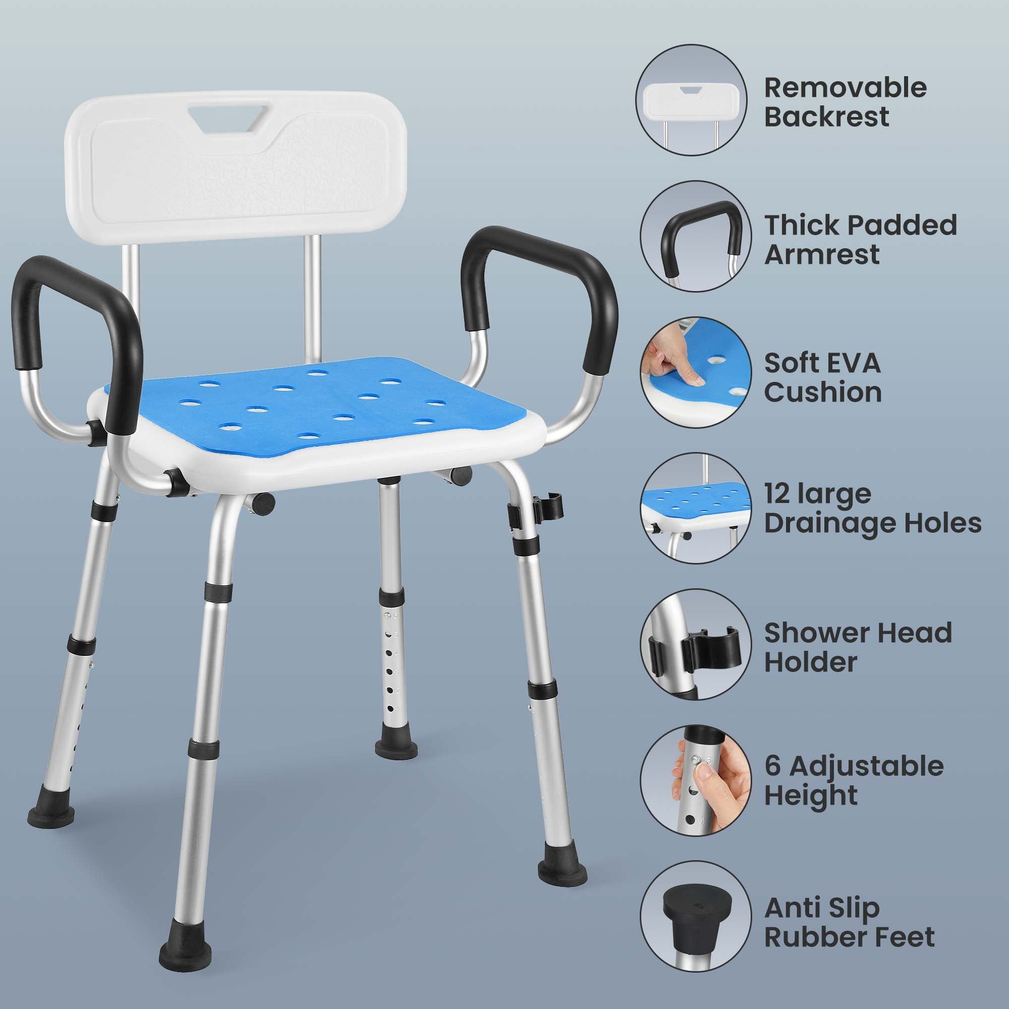 Naipo Bath Chair with Arms, Medical Shower Seat, Bariatric Bath Stool Safety Shower Bench with Reinforced Crossing Bar for Elderly, Adults, Disabled - NAIPO