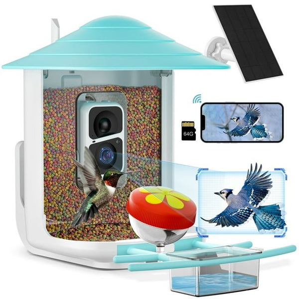 Naipo Bird Feeder, Camera for Automatic Bird Video Capture and Motion Detection, Solar-Powered Wireless Outdoor Device with 64G SD Card - NAIPO