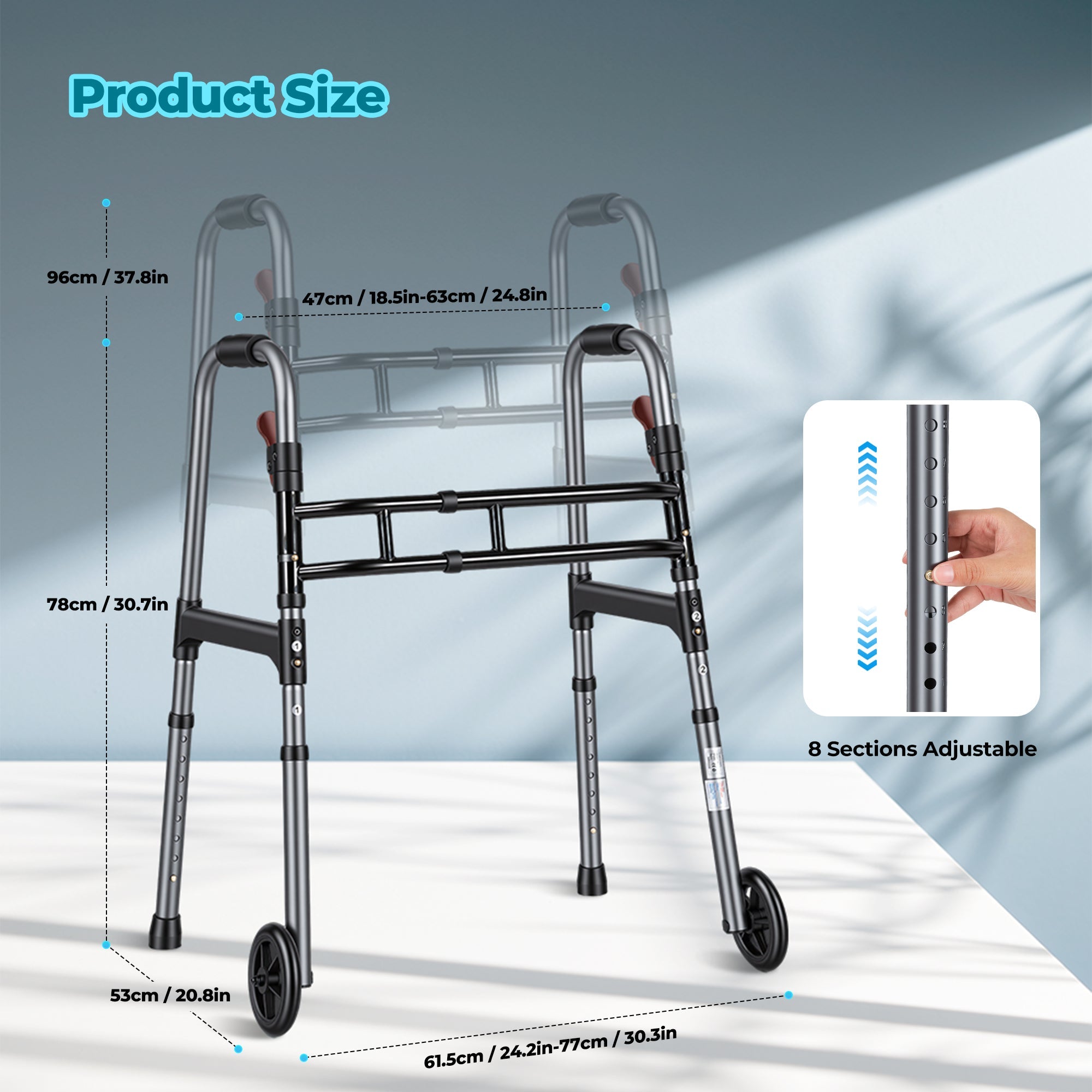 Naipo Compact Folding Walker for Seniors & Adults, Deluxe Lightweight Mobility Aids Walker with 5" Wheels and Trigger Release up to 300 lbs, Aluminium - NAIPO