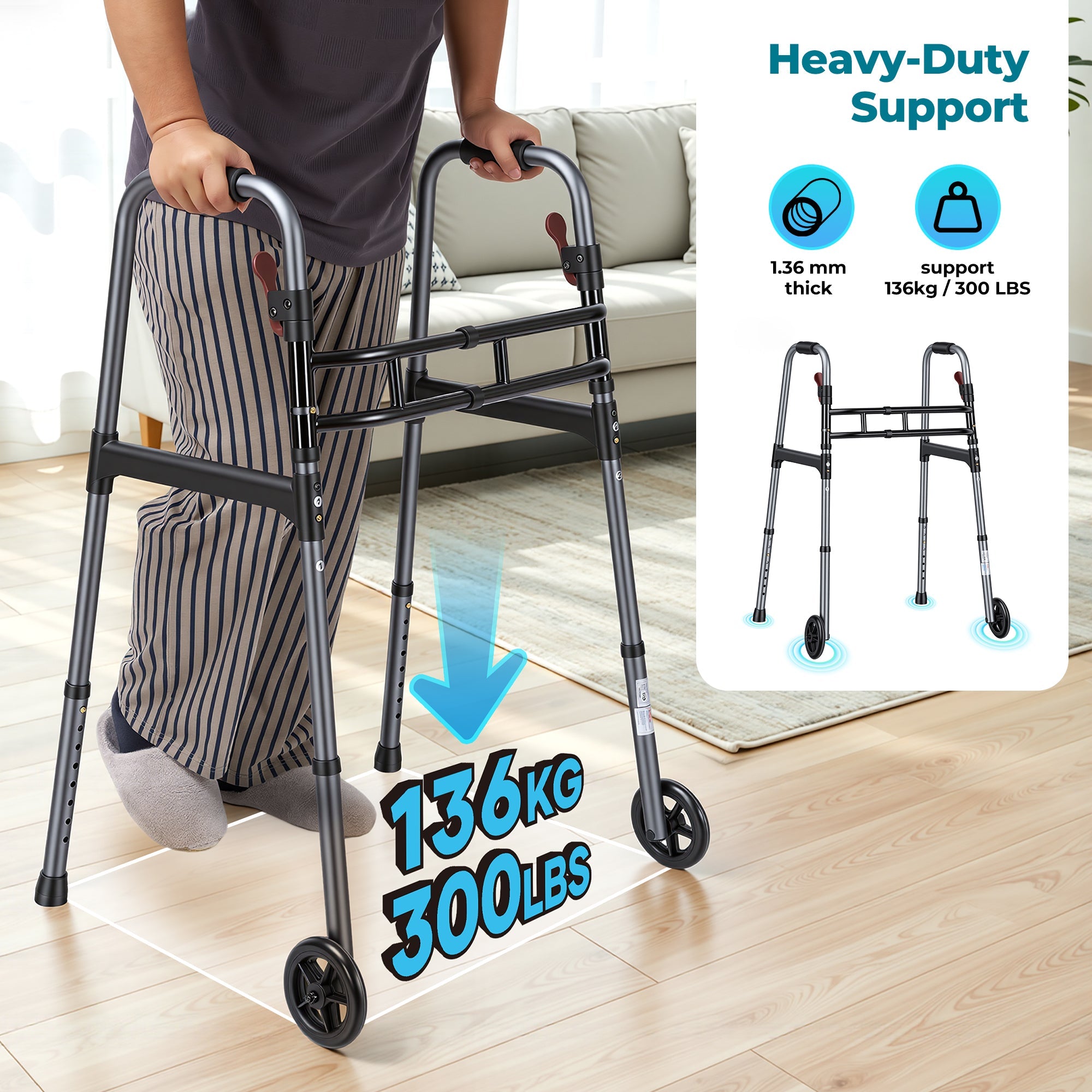 Naipo Compact Folding Walker for Seniors & Adults, Deluxe Lightweight Mobility Aids Walker with 5" Wheels and Trigger Release up to 300 lbs, Aluminium - NAIPO