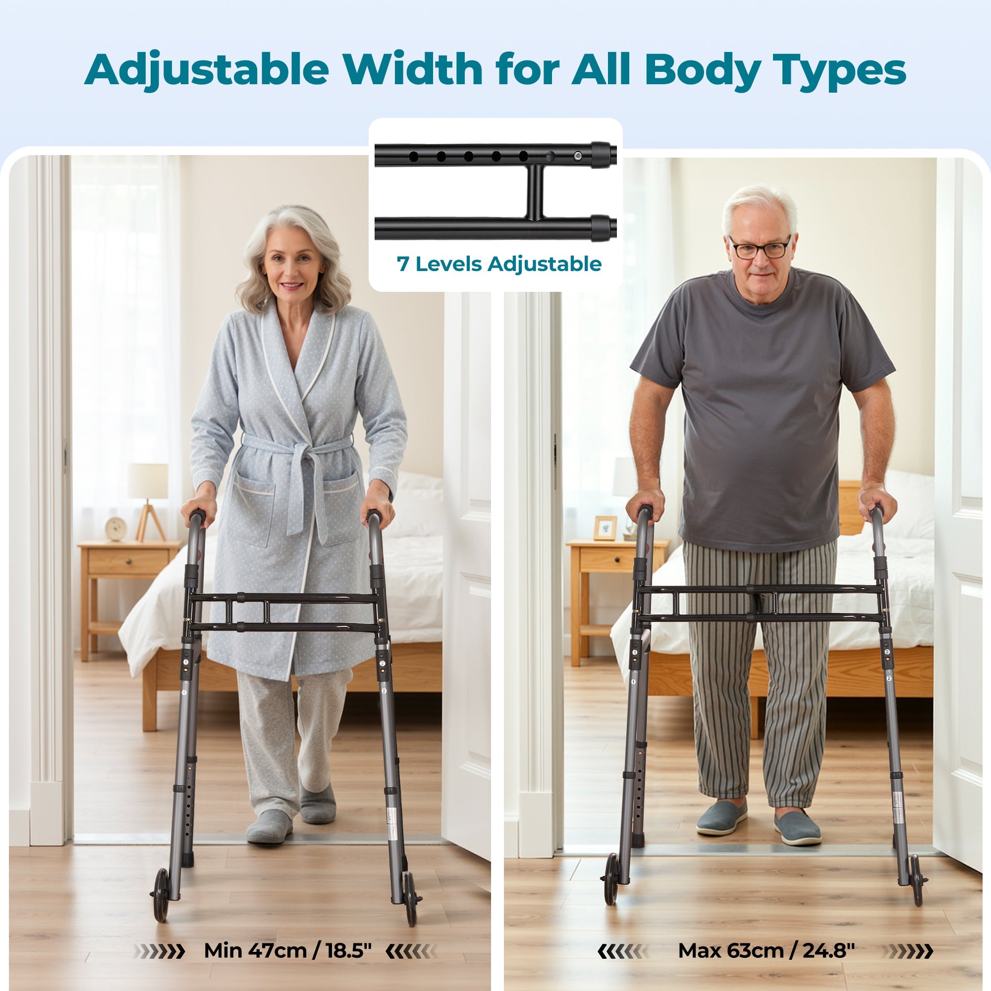 Naipo Compact Folding Walker for Seniors & Adults, Deluxe Lightweight Mobility Aids Walker with 5" Wheels and Trigger Release up to 300 lbs, Aluminium - NAIPO