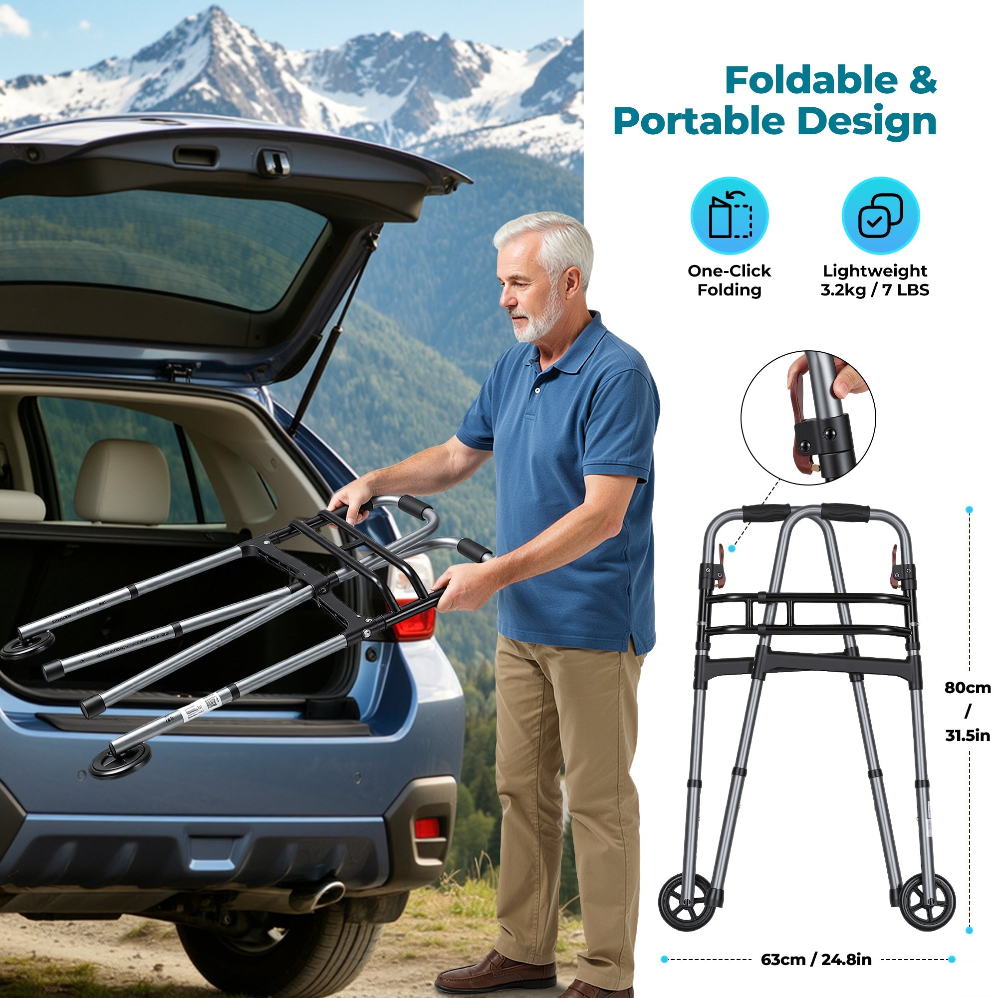 Naipo Compact Folding Walker for Seniors & Adults, Deluxe Lightweight Mobility Aids Walker with 5" Wheels and Trigger Release up to 300 lbs, Aluminium - NAIPO