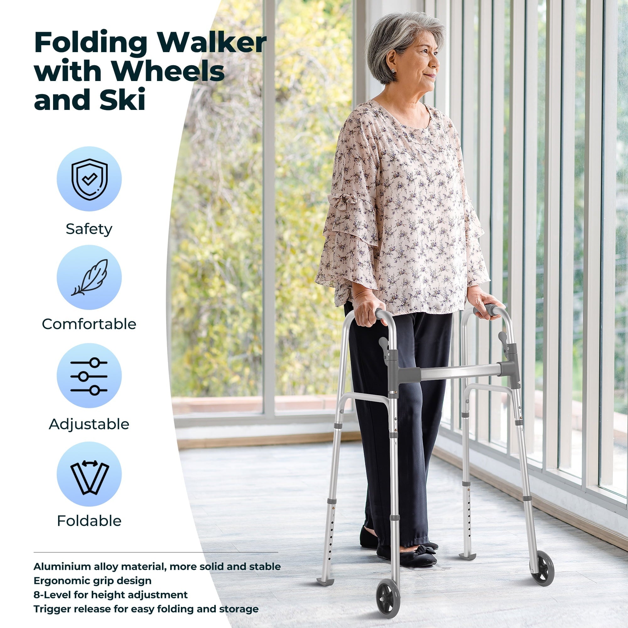Naipo Compact Folding Walker with Trigger Release and Glide Skis for Seniors Elderly, 5 Inches Front Wheels Support Up to 350lbs - NAIPO