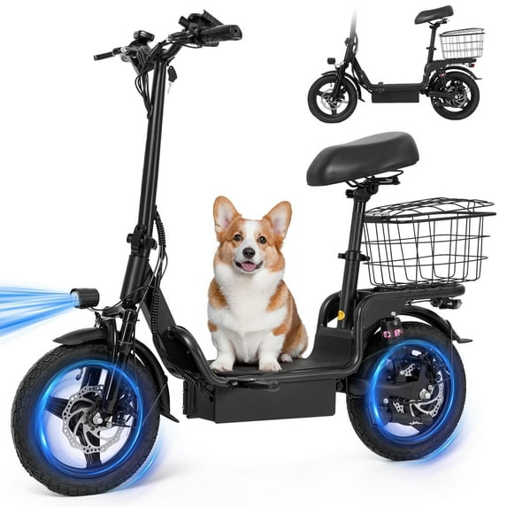 NAIPO Electric Scooter for Adults with Seat,Peak 480W Motor, 20MPH &22 Miles Max Range, 14 inch Commuter Foldable Electric Scooter with Basket, Black - NAIPO