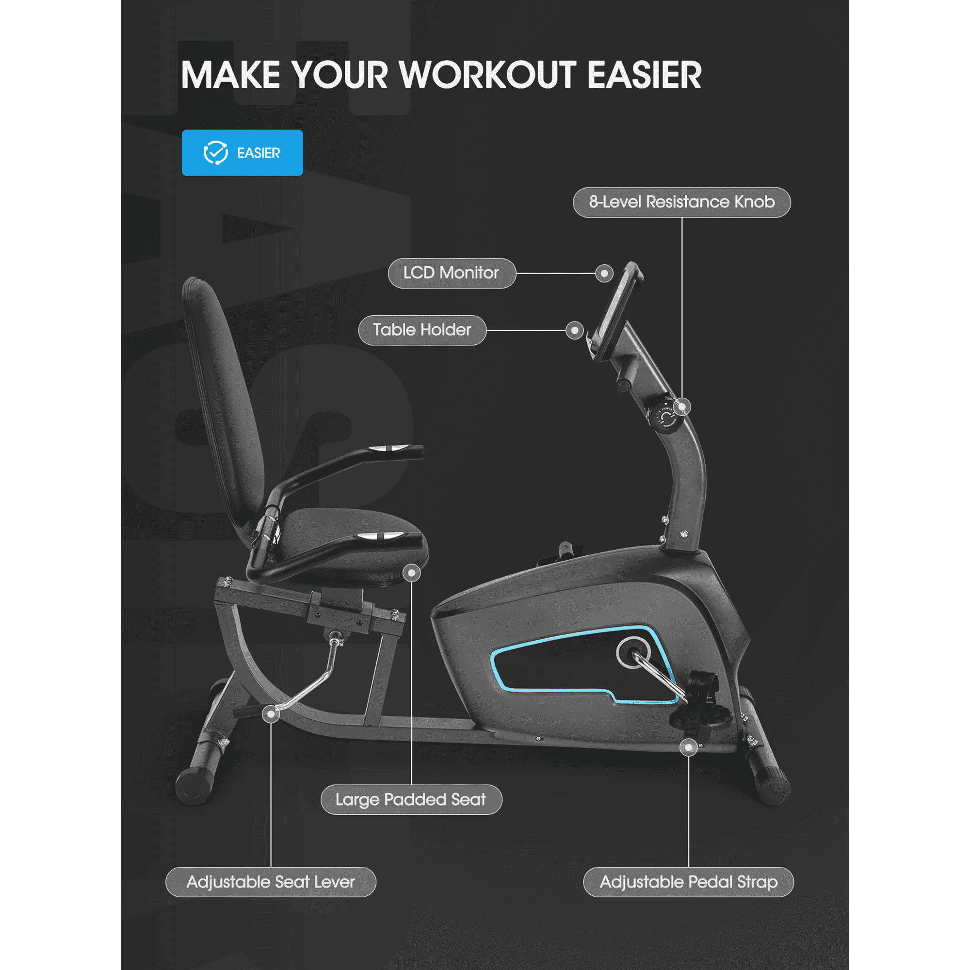 Naipo Exercise Bike Recumbent Indoor Stationary Exercise Bike for Home Use with Pluse Monitor/Tablet Holder - NAIPO