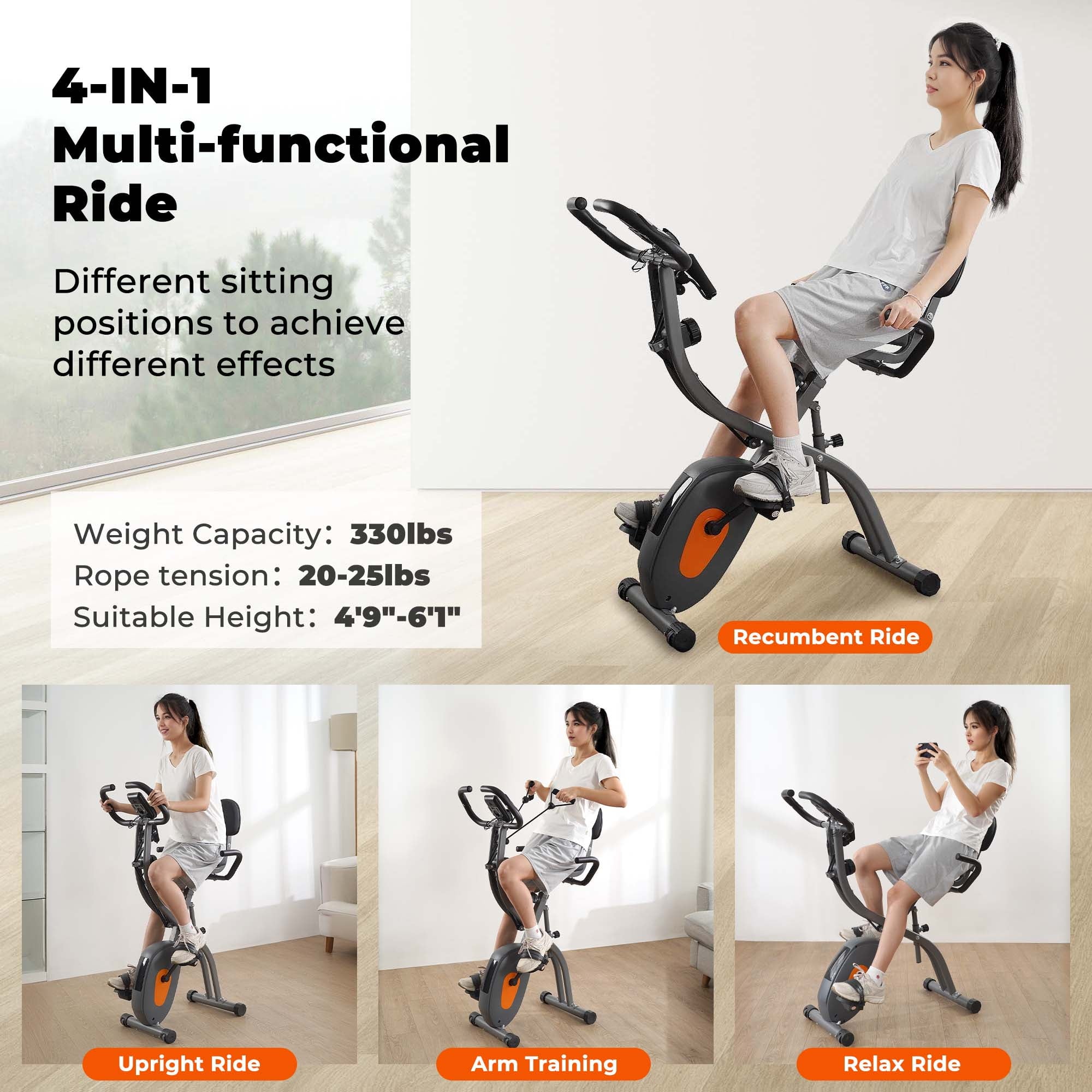 Naipo Folding Exercise Bike 3 in 1 Magnetic Stationary Recumbent Bike 10 Level Resistance for Home Use with Arm Resistance Bands - NAIPO