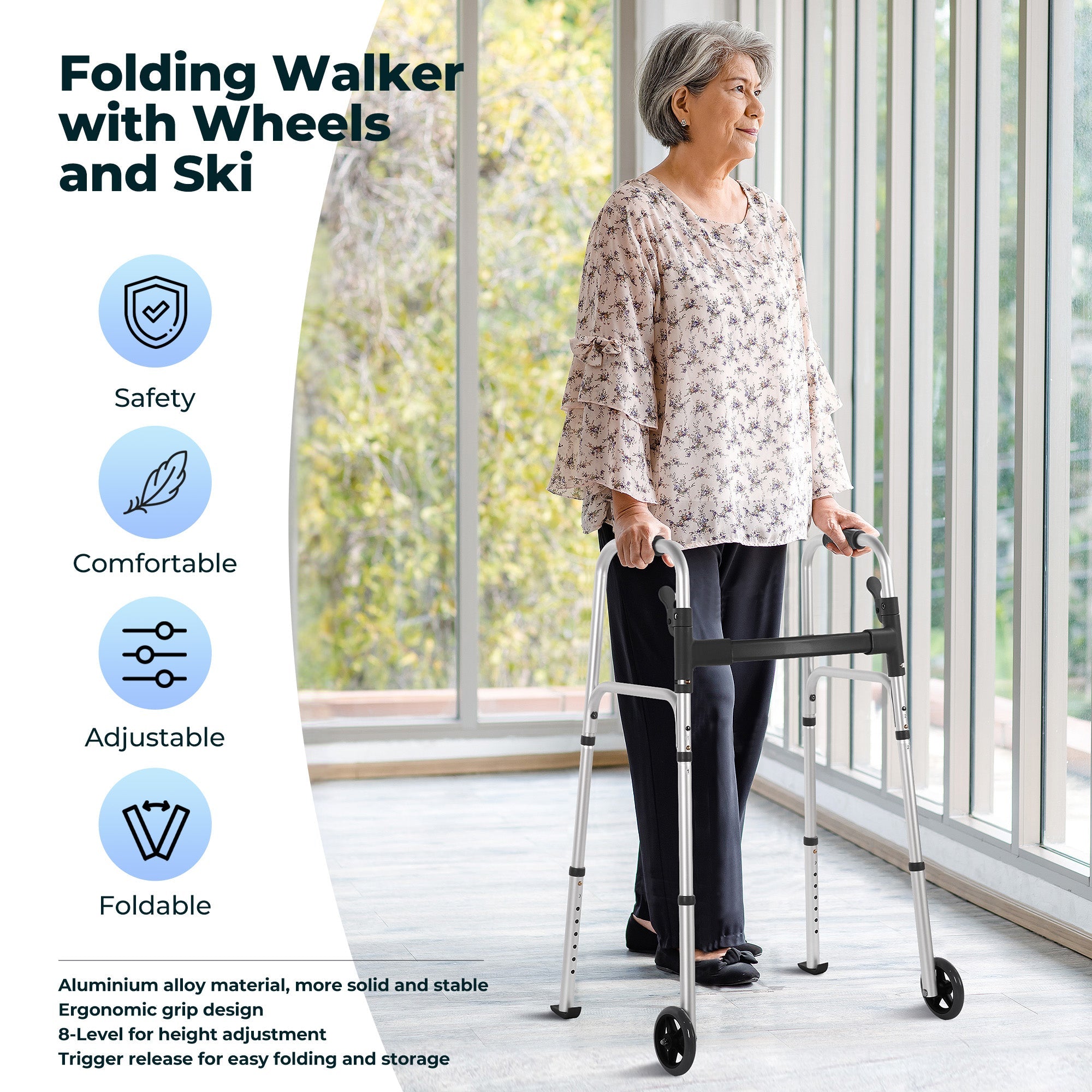 Naipo Folding Walkers for Seniors,Lightweight Mobility Walker with Trigger Release and Glide Skis,Silver - NAIPO