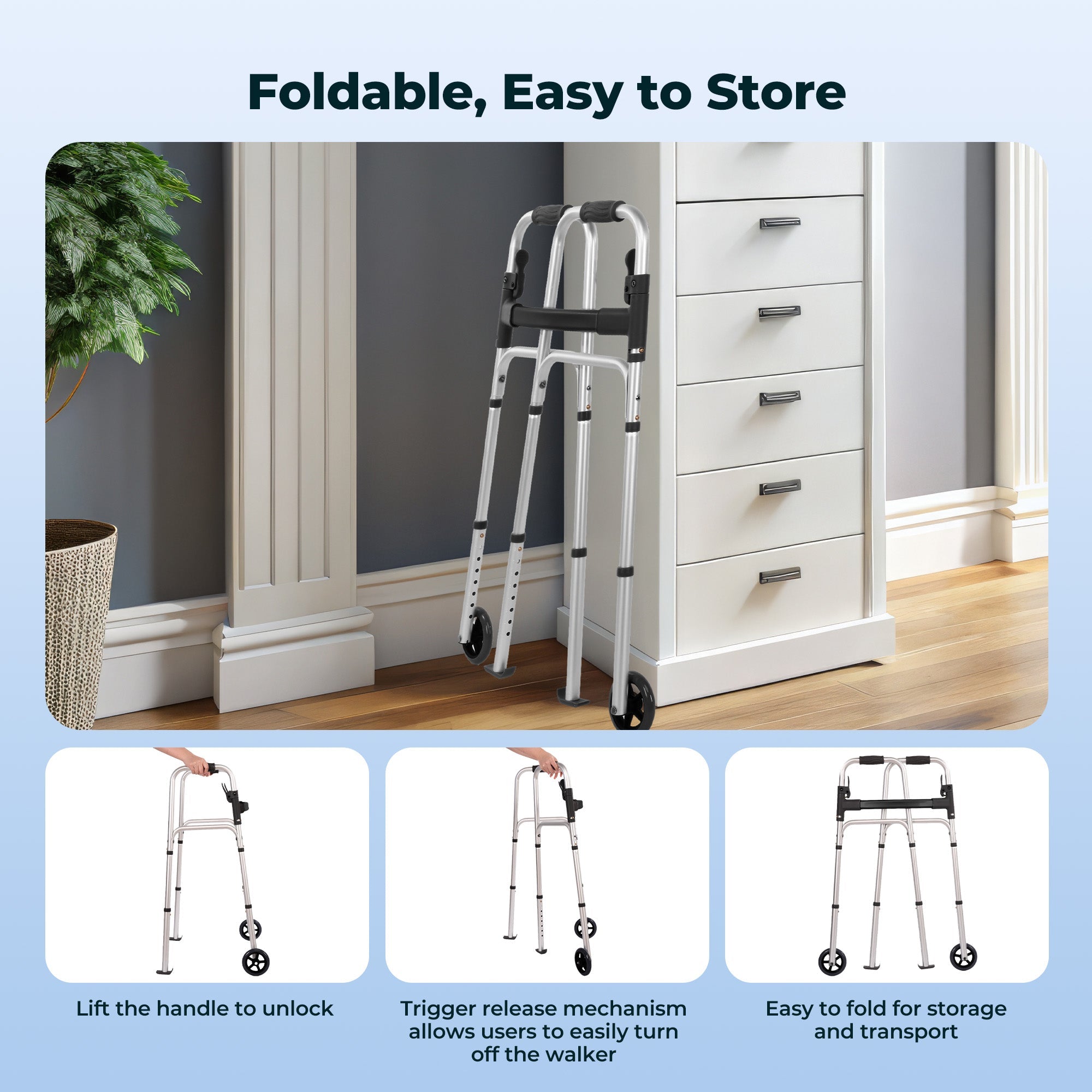 Naipo Folding Walkers for Seniors,Lightweight Mobility Walker with Trigger Release and Glide Skis,Silver - NAIPO