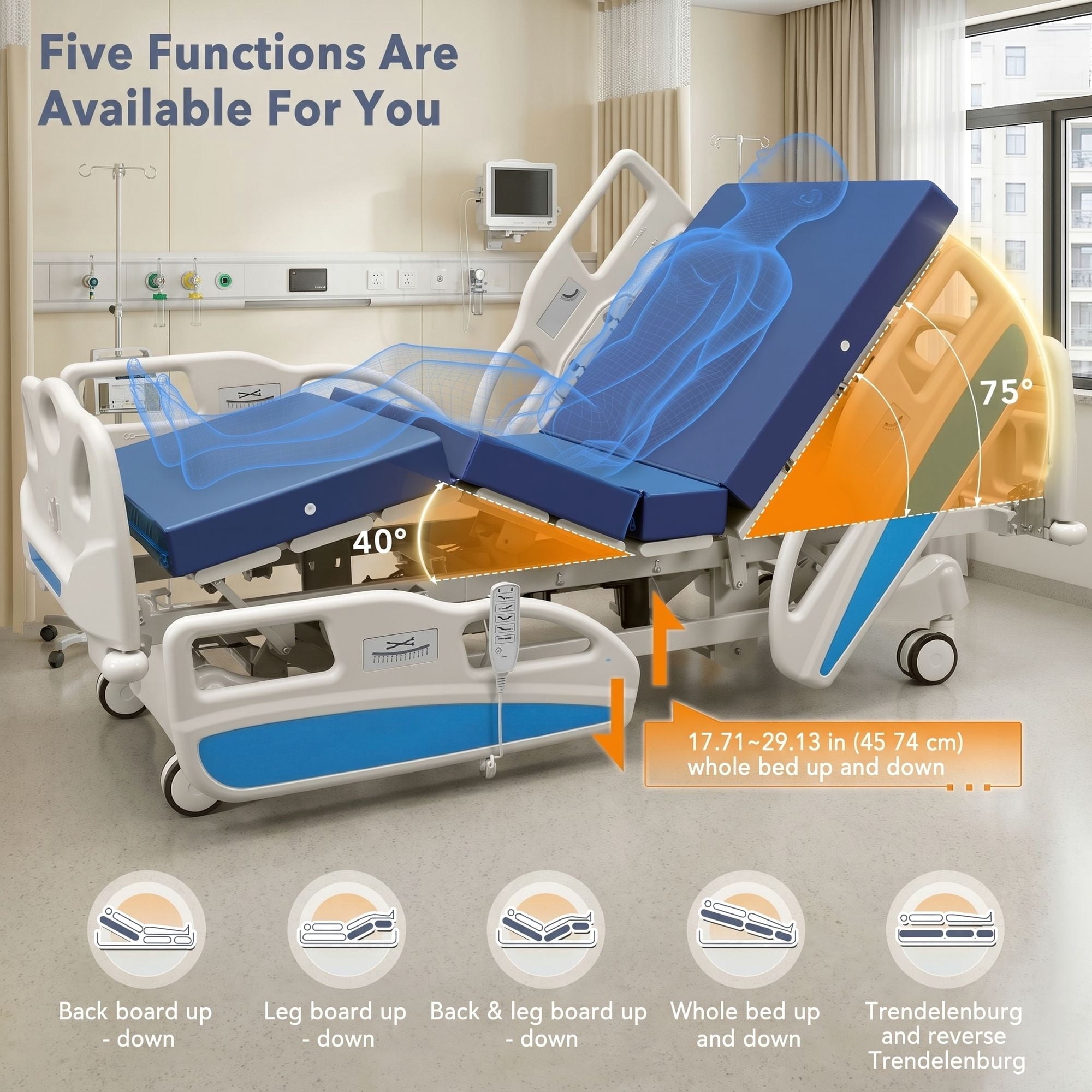 Naipo Hospital Bed 5 Functions Electric ICU Bed with Mattress, IV Pole and Remote Control for Home and Hospital Use - NAIPO