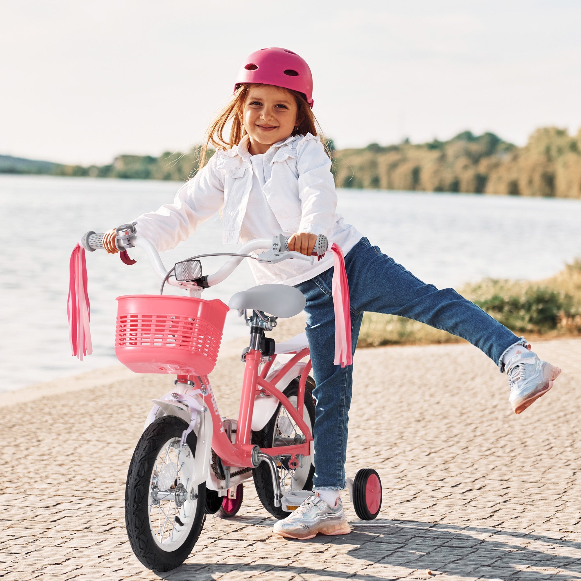 Naipo Kids Bike 18Inch Girls Bike for 3 - 10 Years Old Girls Boys, Princess Bicycle, Toddler Bike Height 45" - 54" With Kickstand Training Wheels Lightweight Frame for Easy Riding Handbrake Streamer Basket Included, Pink - NAIPO