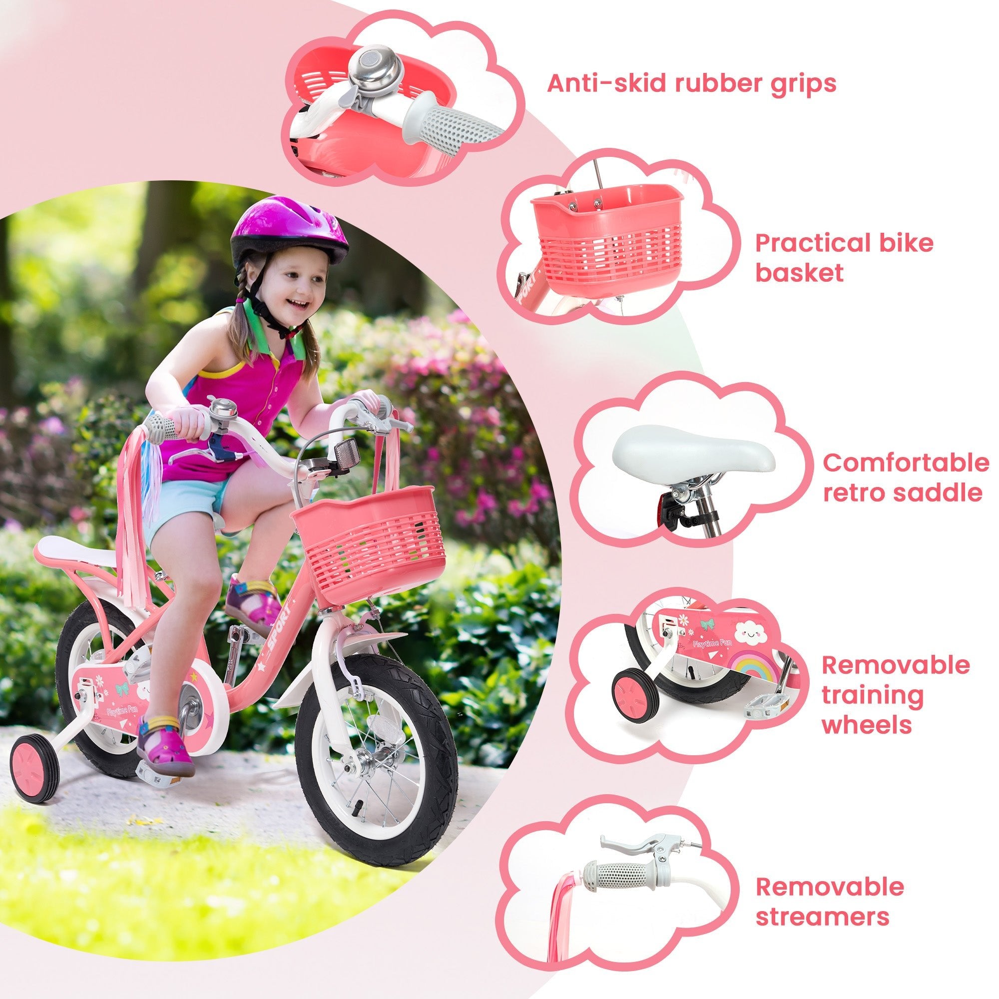 Naipo Kids Bike 18Inch Girls Bike for 3 - 10 Years Old Girls Boys, Princess Bicycle, Toddler Bike Height 45" - 54" With Kickstand Training Wheels Lightweight Frame for Easy Riding Handbrake Streamer Basket Included, Pink - NAIPO