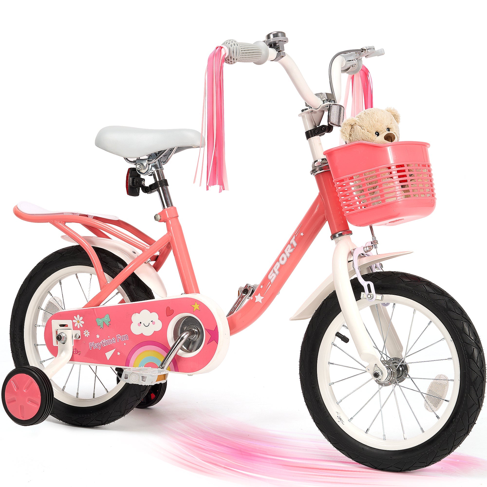 Naipo Kids Bike 18Inch Girls Bike for 3 - 10 Years Old Girls Boys, Princess Bicycle, Toddler Bike Height 45" - 54" With Kickstand Training Wheels Lightweight Frame for Easy Riding Handbrake Streamer Basket Included, Pink - NAIPO