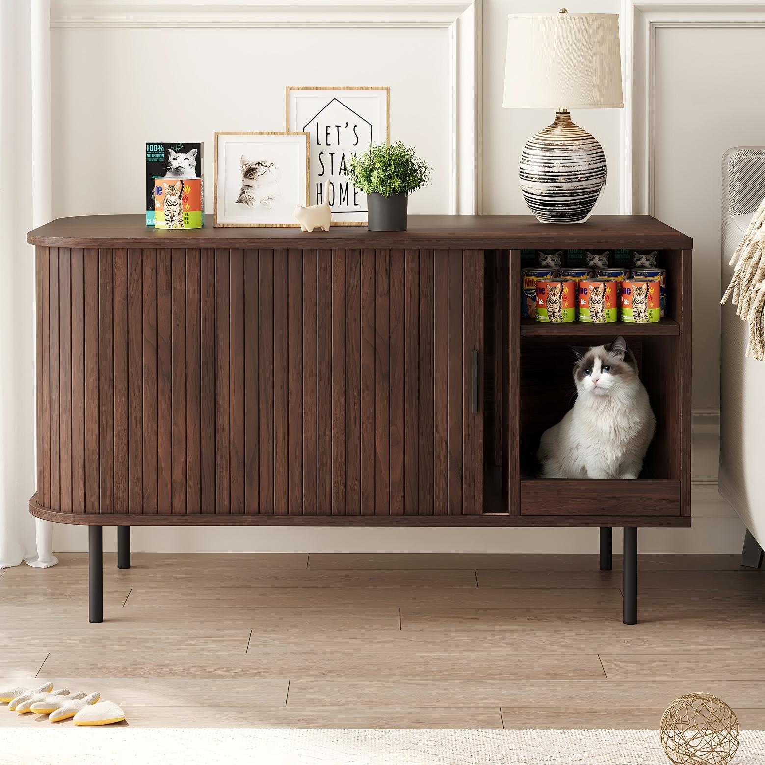 Naipo Large Hidden Cat Litter Box Enclosure, 37.4" All in 1 Litter box Furniture with Roller Shutter Sliding Door, Dog - Proof Cat House with Mat & Waterproof Pad, Natural Brown - NAIPO