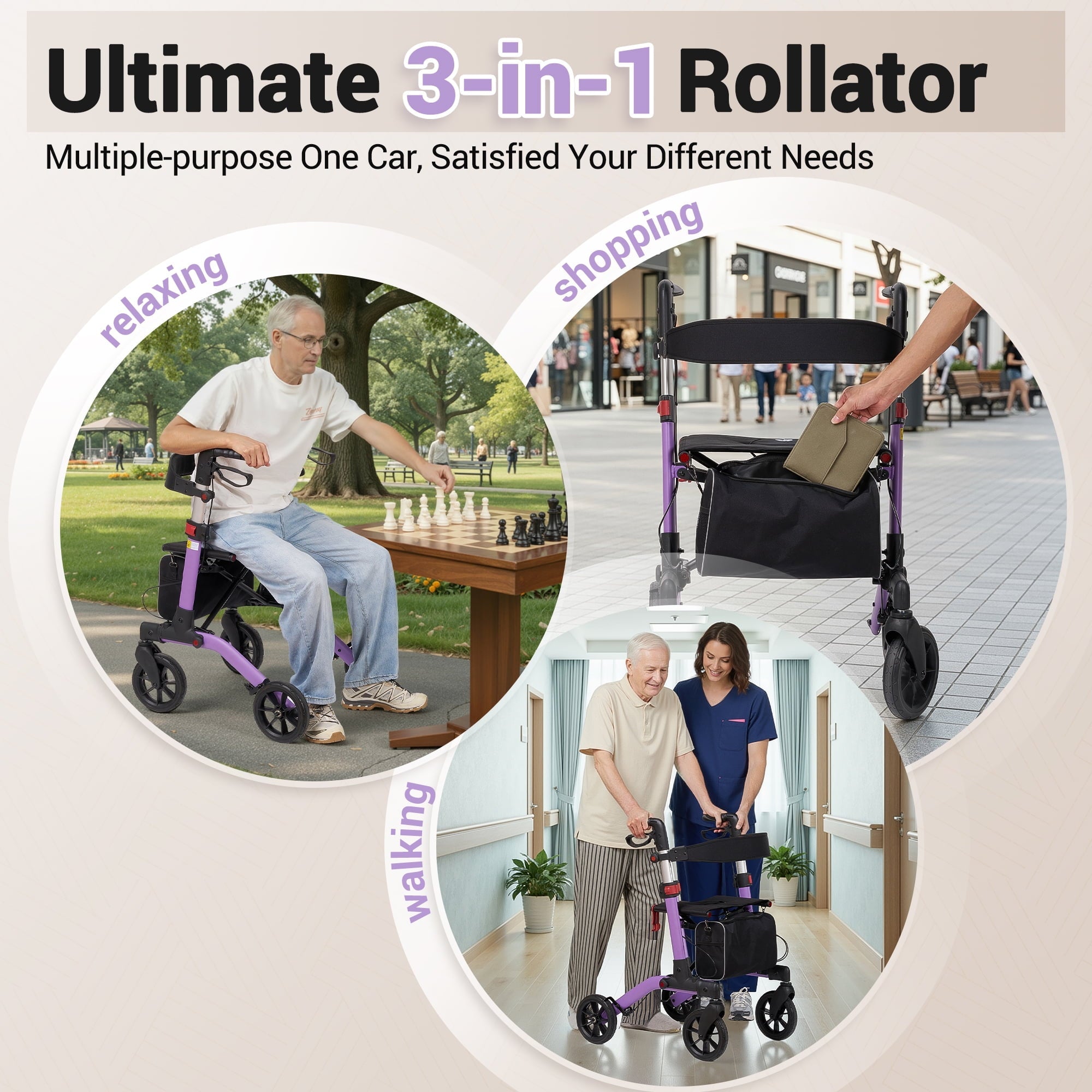 Naipo Lightweight Foldable Rollator Walkers for Seniors, Mobility Rollator Walker with Adjustable Seat and 8" Wheels, Purple - NAIPO