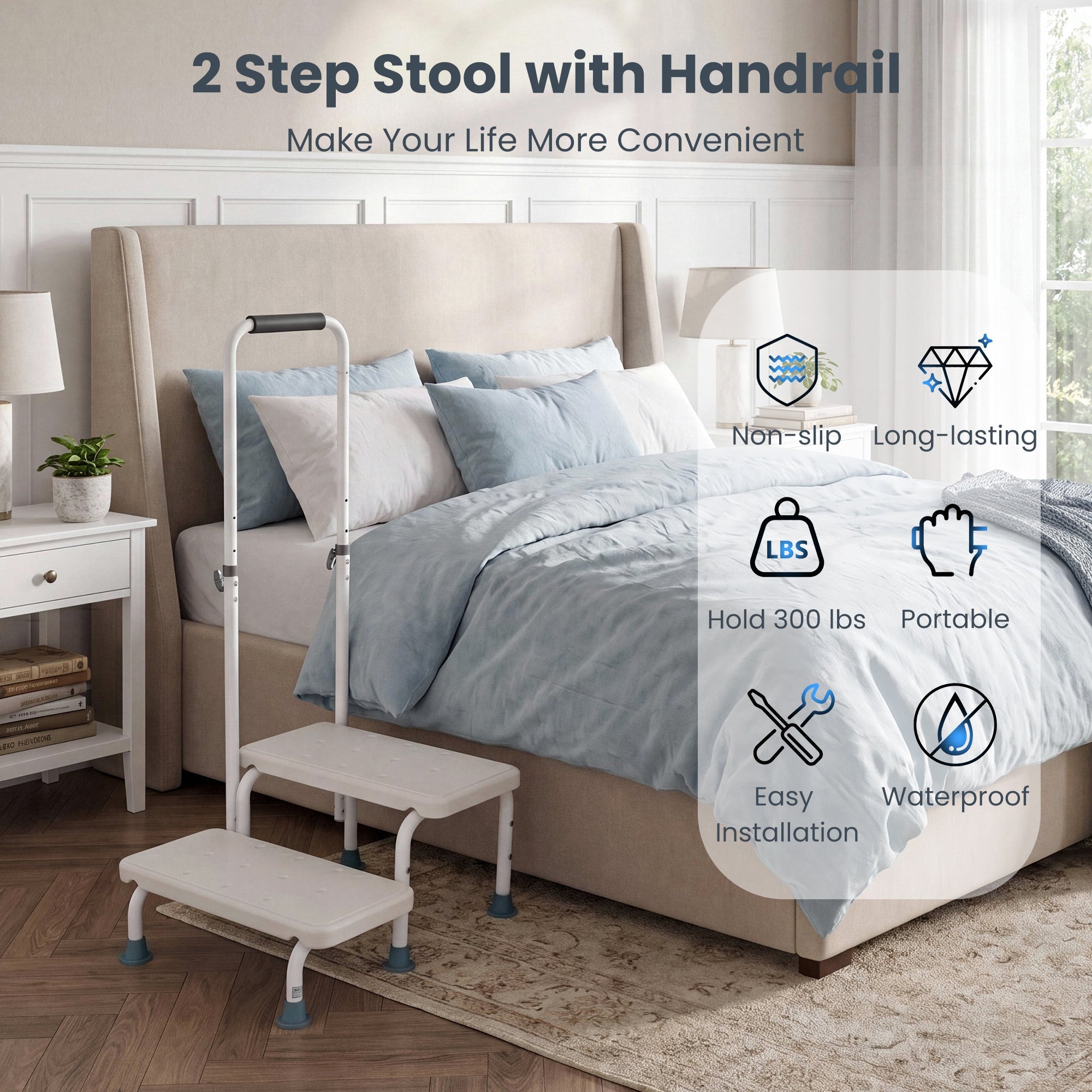 Naipo Medical 2 Step Stool with Handle for Seniors,bedside Stair Stool with Adjustable Handrail and Non-Skid Platform,Holds up to 300 lbs for Kitchen,RV,Car,Bathtub - NAIPO