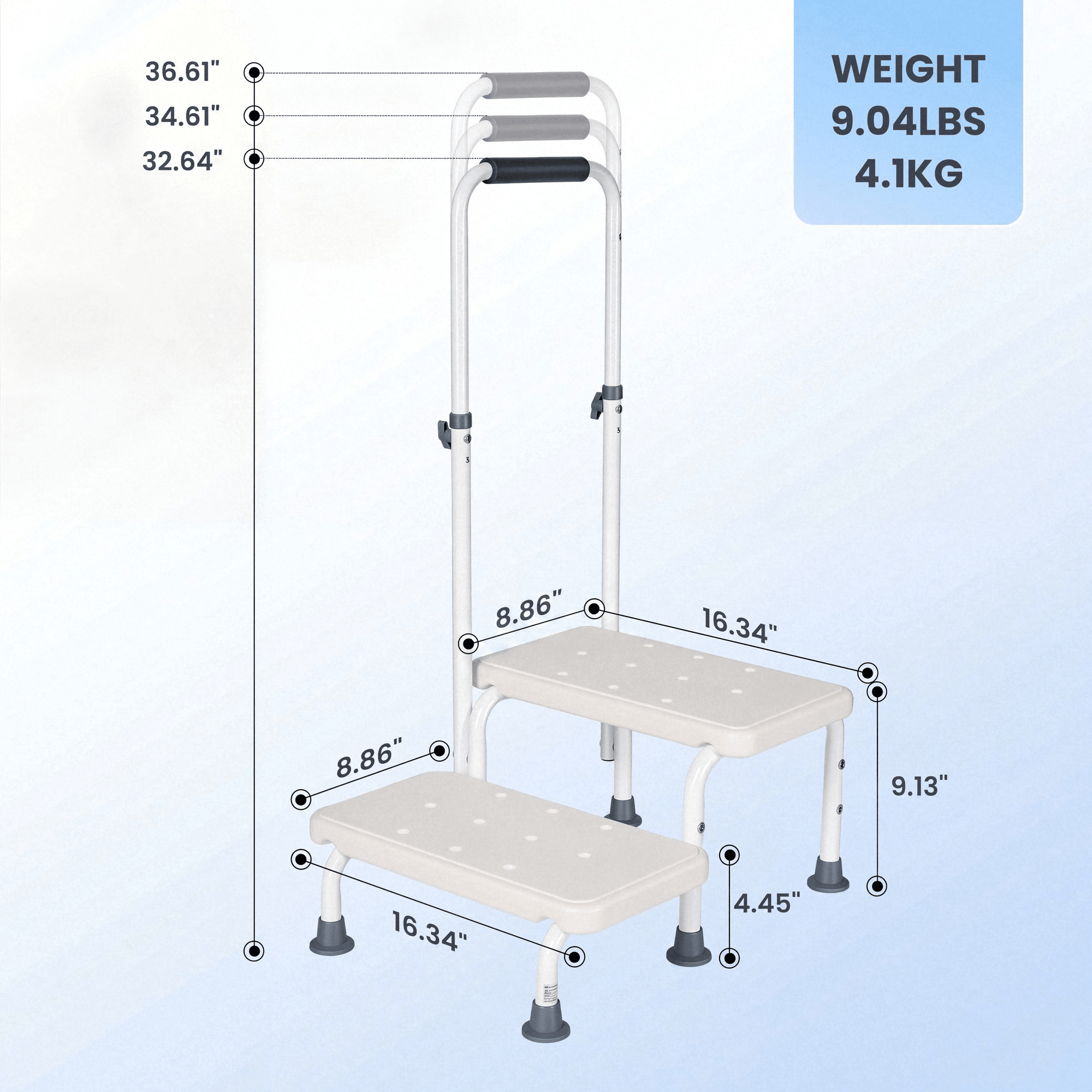 Naipo Medical 2 Step Stool with Handle for Seniors,bedside Stair Stool with Adjustable Handrail and Non-Skid Platform,Holds up to 300 lbs for Kitchen,RV,Car,Bathtub - NAIPO