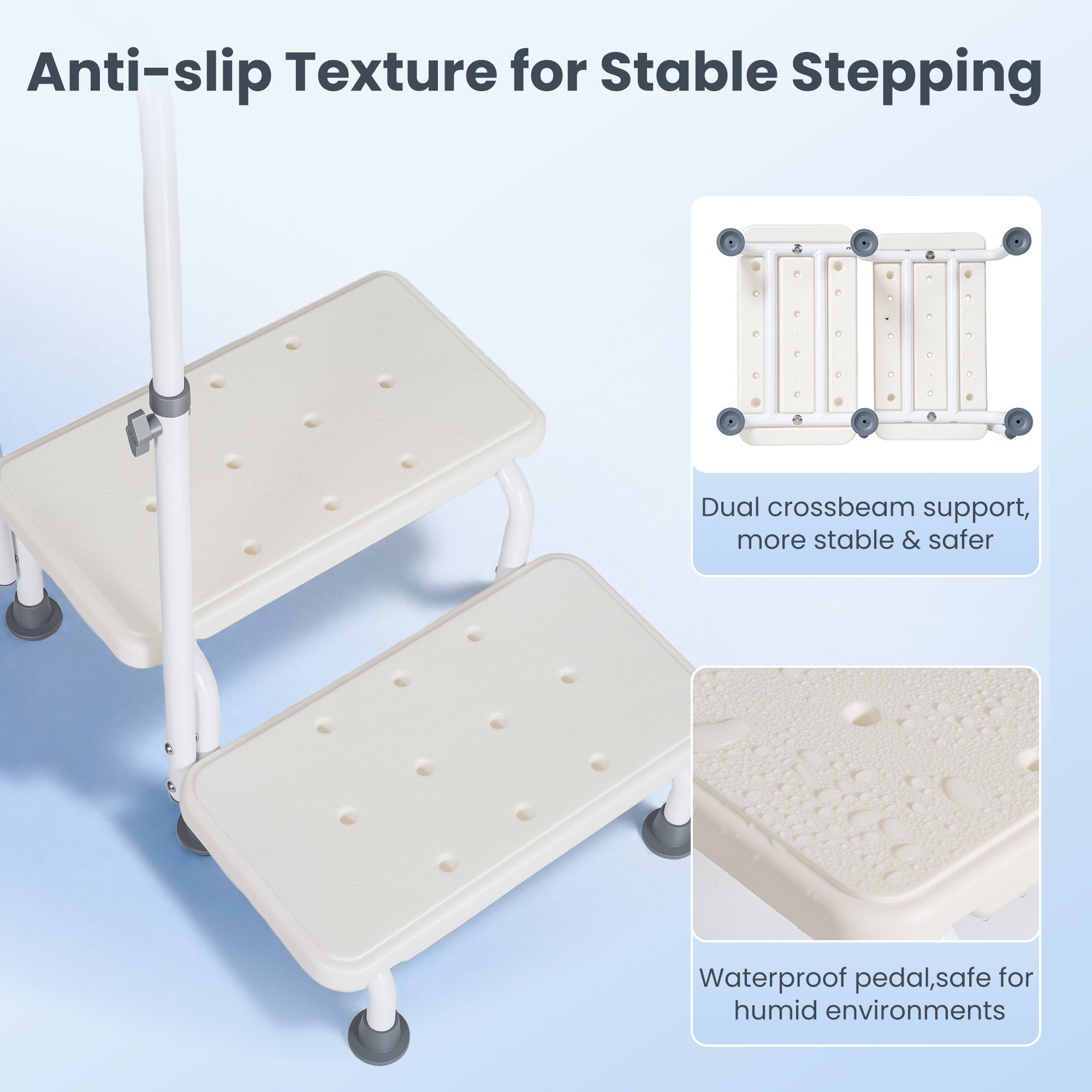 Naipo Medical 2 Step Stool with Handle for Seniors,bedside Stair Stool with Adjustable Handrail and Non-Skid Platform,Holds up to 300 lbs for Kitchen,RV,Car,Bathtub - NAIPO