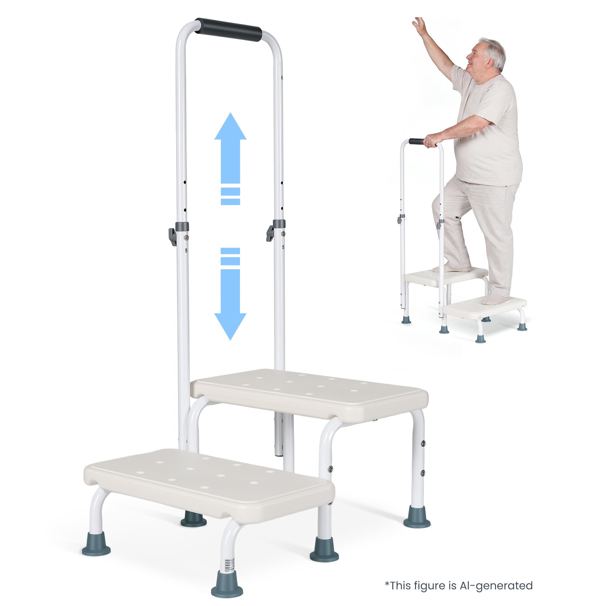 Naipo Medical 2 Step Stool with Handle for Seniors,bedside Stair Stool with Adjustable Handrail and Non-Skid Platform,Holds up to 300 lbs for Kitchen,RV,Car,Bathtub - NAIPO