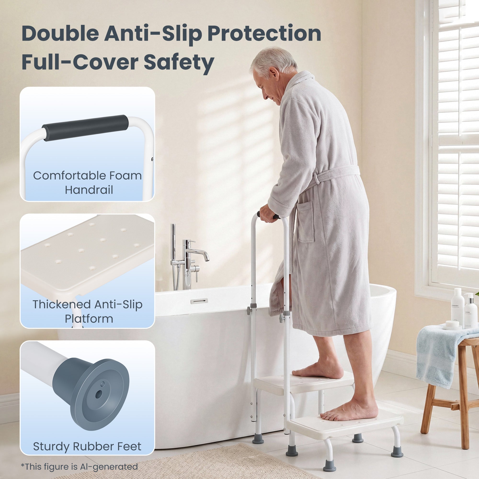 Naipo Medical 2 Step Stool with Handle for Seniors,bedside Stair Stool with Adjustable Handrail and Non-Skid Platform,Holds up to 300 lbs for Kitchen,RV,Car,Bathtub - NAIPO