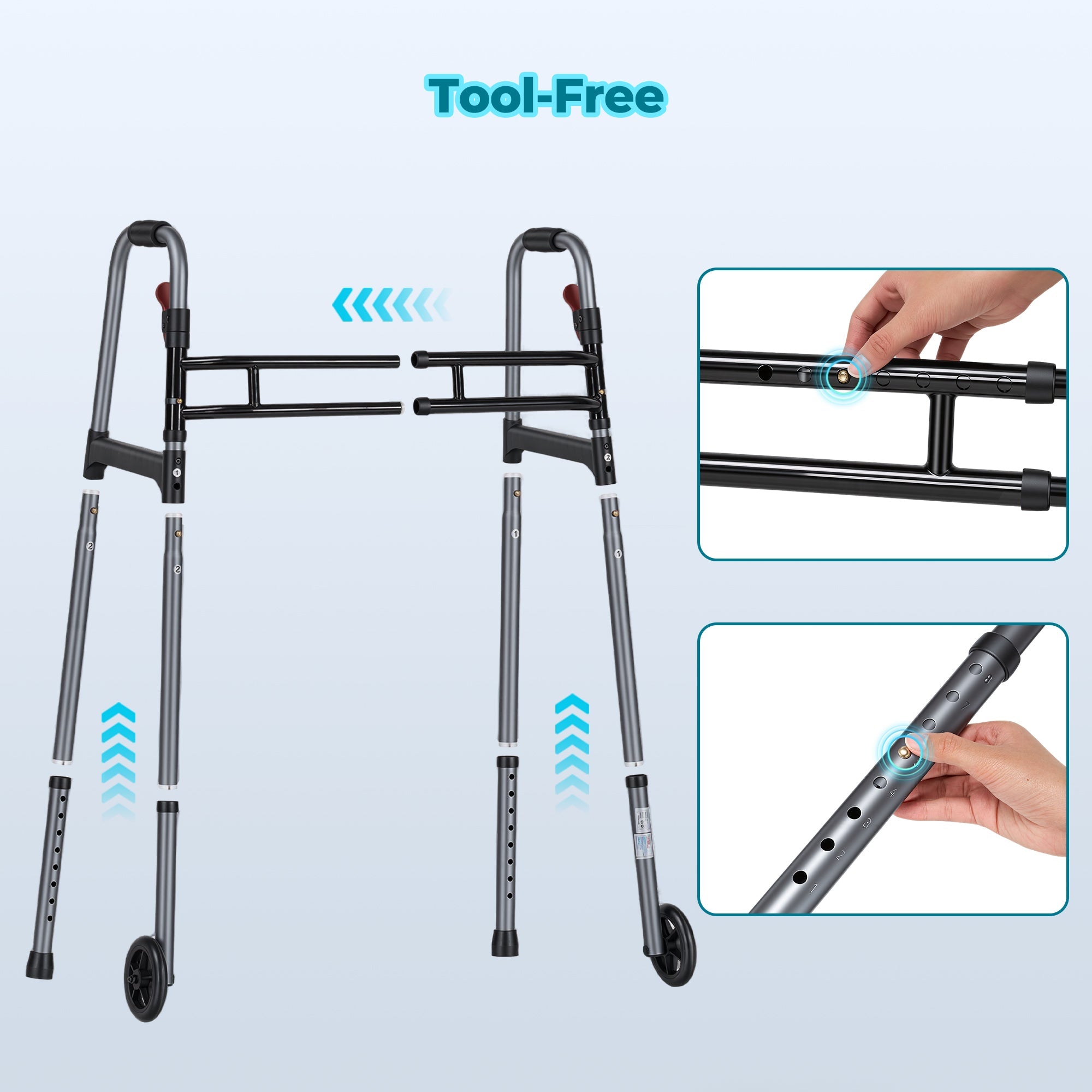 Naipo Medical Double Crossbar Folding Walker for Seniors and Adults, Lightweight 3-in-1 Aluminum Walker with Wheels, Adjustable Height & Width, Supports Up to 300 lbs - NAIPO