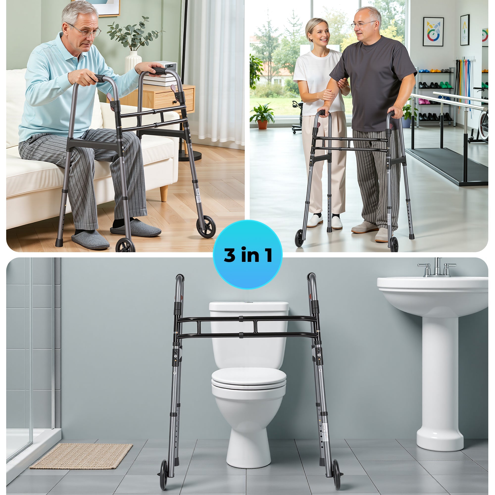 Naipo Medical Double Crossbar Folding Walker for Seniors and Adults, Lightweight 3-in-1 Aluminum Walker with Wheels, Adjustable Height & Width, Supports Up to 300 lbs - NAIPO