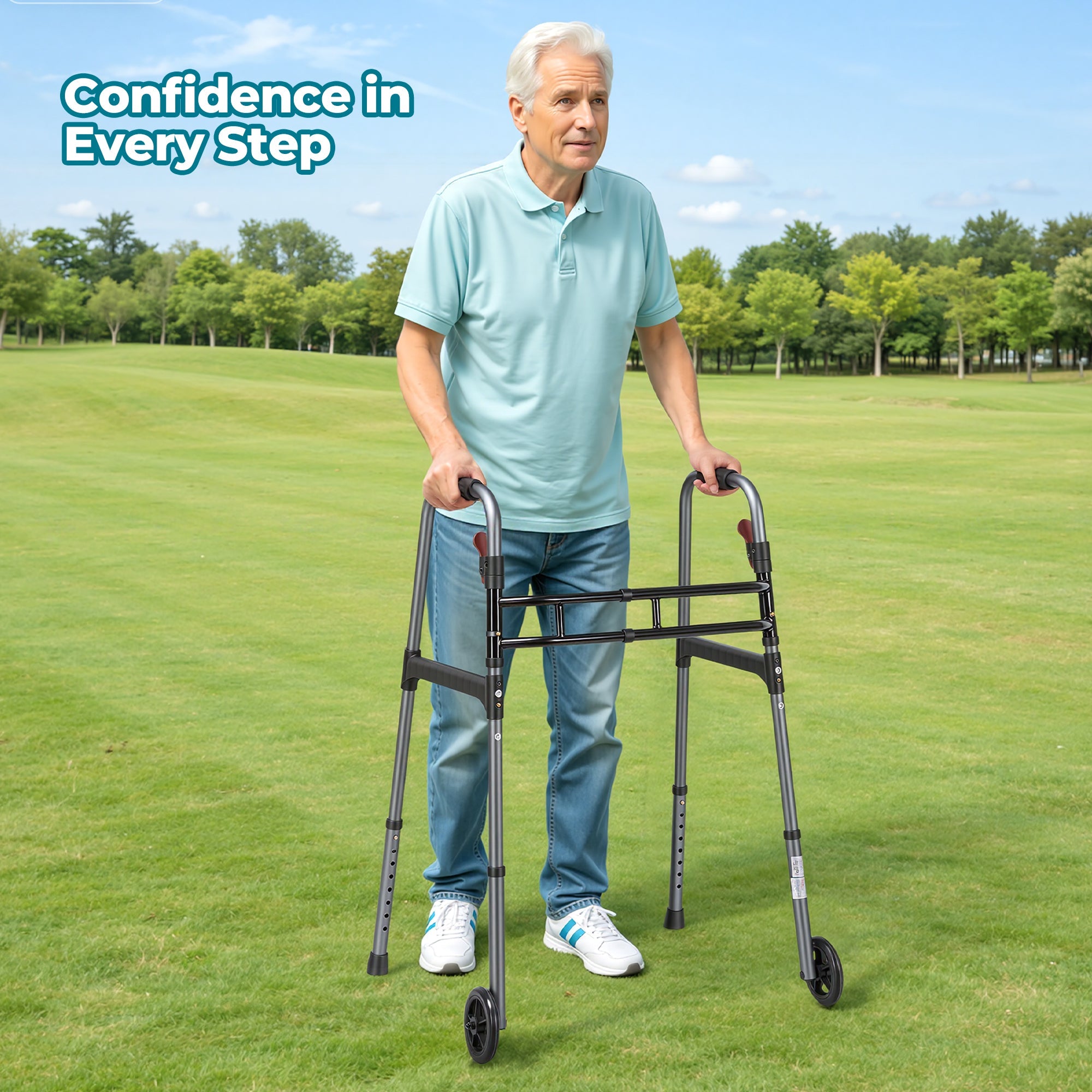 Naipo Medical Double Crossbar Folding Walker for Seniors and Adults, Lightweight 3-in-1 Aluminum Walker with Wheels, Adjustable Height & Width, Supports Up to 300 lbs - NAIPO