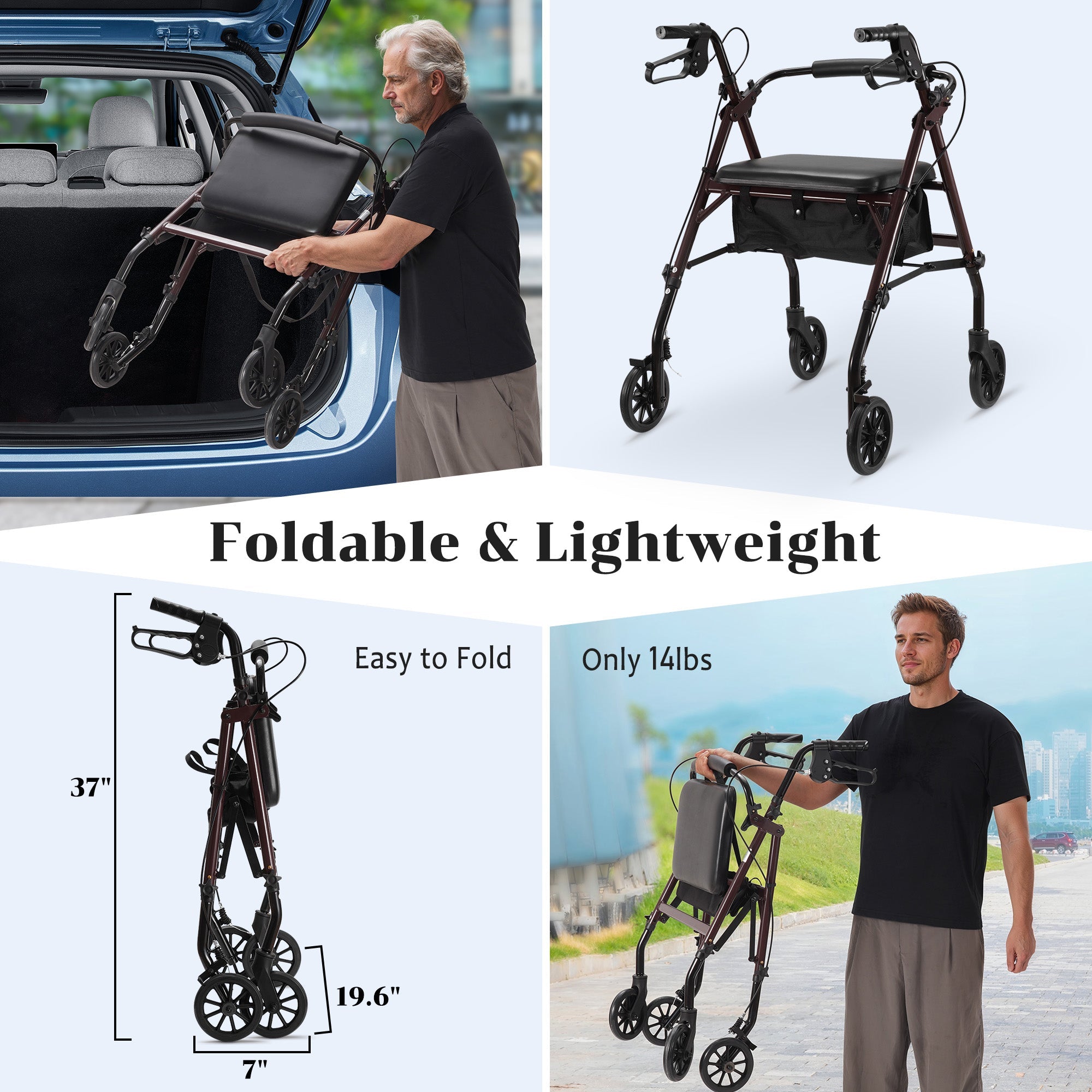 Naipo Mobility Rollator Walker for Seniors with Seat, Foldable Rolling Medical Walker with 6 inch Wheels, Aluminum Frame Supports Up to 300 lbs, Burgundy - NAIPO
